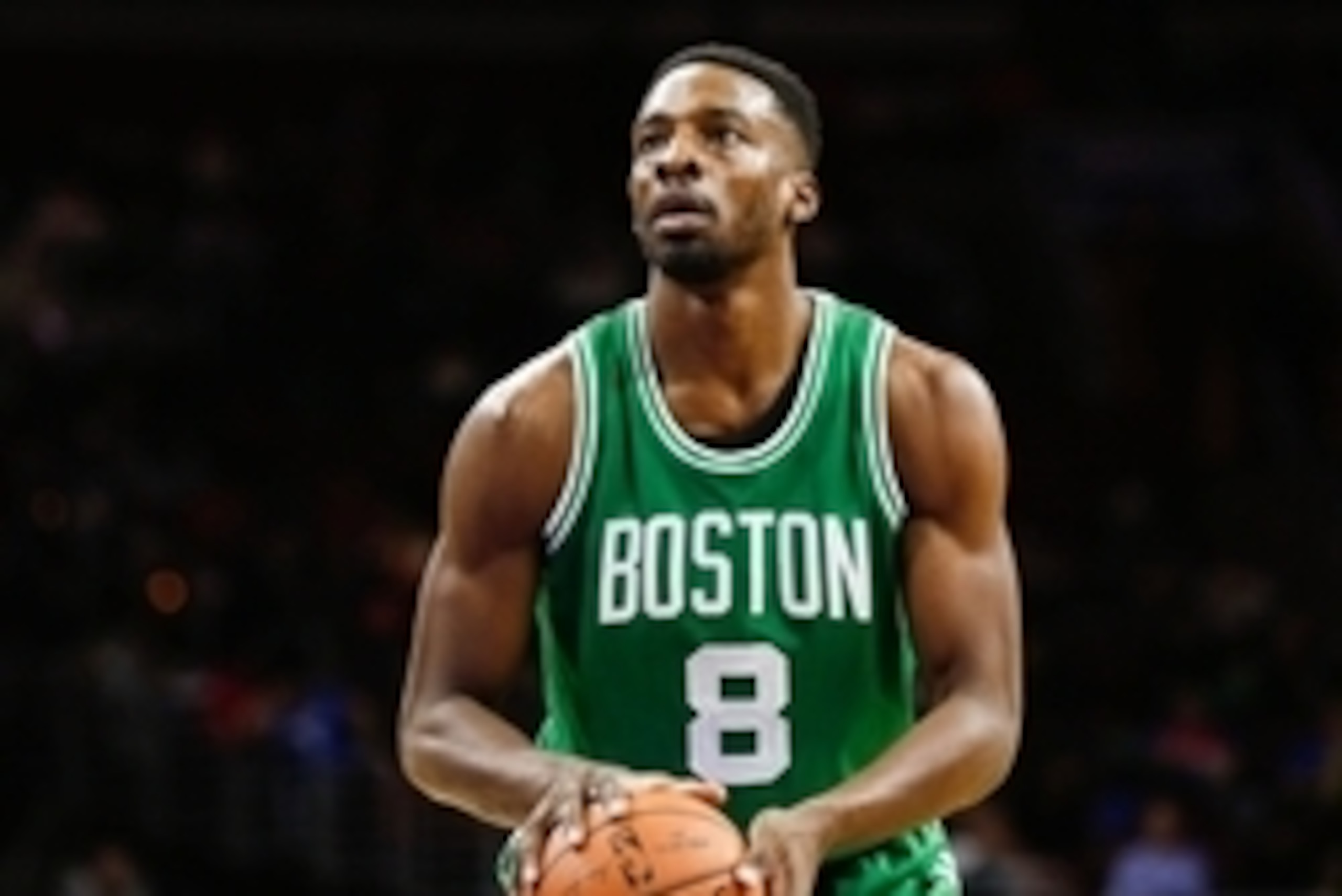 Dec 15, 2014; Philadelphia, PA, USA; Boston Celtics forward Jeff Green (8) in a game against the Philadelphia 76ers at Wells Fargo Center. The Celtics defeated the 76ers 105-87. Mandatory Credit: Bill Streicher-USA TODAY Sports