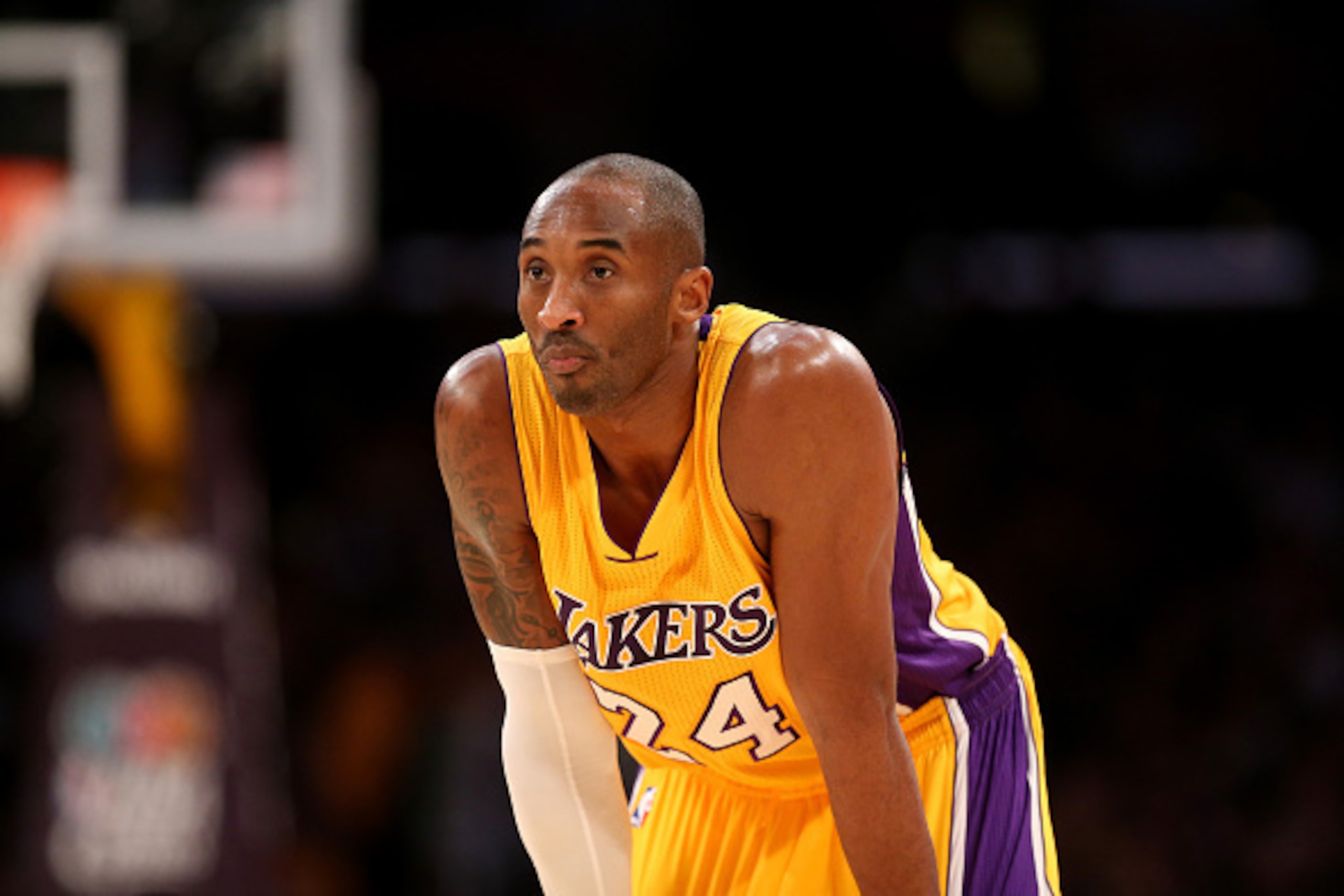 LOS ANGELES, CA - DECEMBER 19:  Kobe Bryant #24 of the Los Angeles Lakers looks on during the game with the Oklahoma City Thunder at Staples Center on December 19, 2014 in Los Angeles, California.  NOTE TO USER: User expressly acknowledges and agrees that