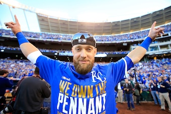 KANSAS CITY, MO - OCTOBER 15:  Alex Gordon #4 of the Kansas City Royals celebrates their 2 to 1 win over the Baltimore Orioles to sweep the series in Game Four of the American League Championship Series at Kauffman Stadium on October 15, 2014 in Kansas Ci