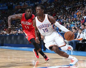 OKLAHOMA CITY, OK- DECEMBER 21: Reggie Jackson #15 of the Oklahoma City Thunder handles the ball against the New Orleans Pelicans on December 21, 2014 at Chesapeake Energy Arena in Oklahoma City, OK. NOTE TO USER: User expressly acknowledges and agrees th