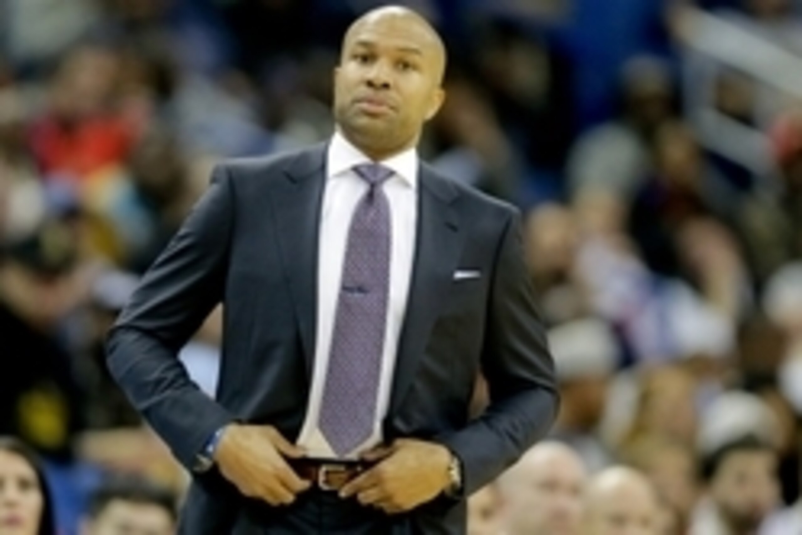 Dec 9, 2014; New Orleans, LA, USA; New York Knicks head coach Derek Fisher looks on against the New Orleans Pelicans during the second quarter at Smoothie King Center. Mandatory Credit: Derick E. Hingle-USA TODAY Sports Dec 9, 2014; New Orleans, LA, USA; New York Knicks head coach Derek Fisher looks on against the New Orleans Pelicans during the second quarter at Smoothie King Center. Mandatory Credit: Derick E. Hingle-USA TODAY Sports