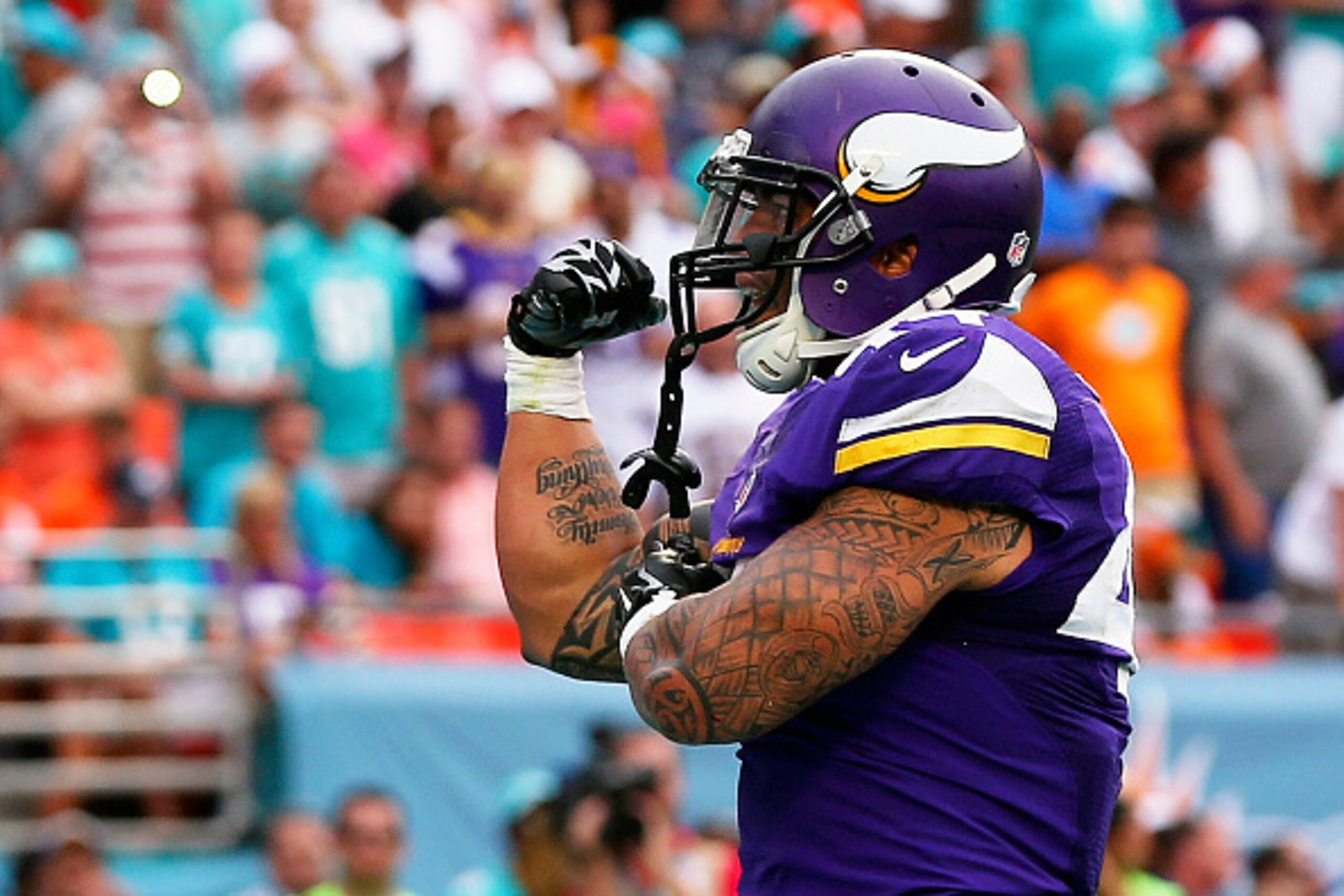 MIAMI GARDENS, FL - DECEMBER 21: Running back Matt Asiata #44 of the Minnesota Vikings reacts in the end zone after he scored a fourth quarter touchdown during a game against the Miami Dolphins at Sun Life Stadium on December 21, 2014 in Miami Gardens, F MIAMI GARDENS, FL - DECEMBER 21: Running back Matt Asiata #44 of the Minnesota Vikings reacts in the end zone after he scored a fourth quarter touchdown during a game against the Miami Dolphins at Sun Life Stadium on December 21, 2014 in Miami Gardens, F