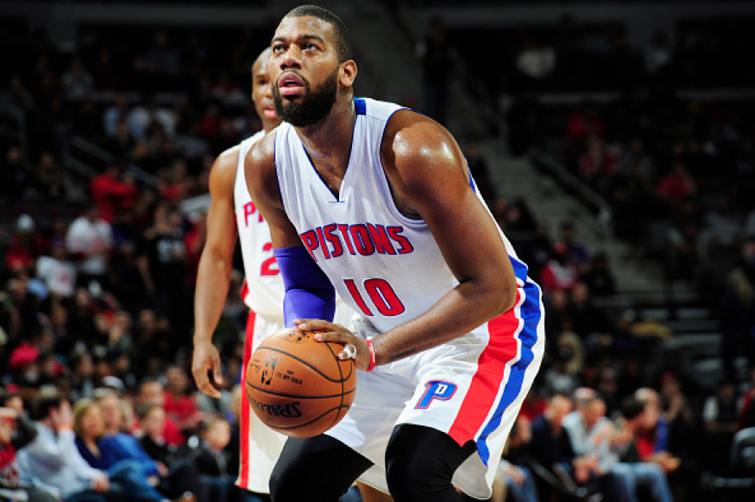 DETROIT, MI -  DECEMBER 19: Greg Monroe #10 of the Detroit Pistons shoots against the Toronto Raptors during the game on December 19, 2014 at Palace of Auburn Hills in Detroit, Michigan. NOTE TO USER: User expressly acknowledges and agrees that, by downlo