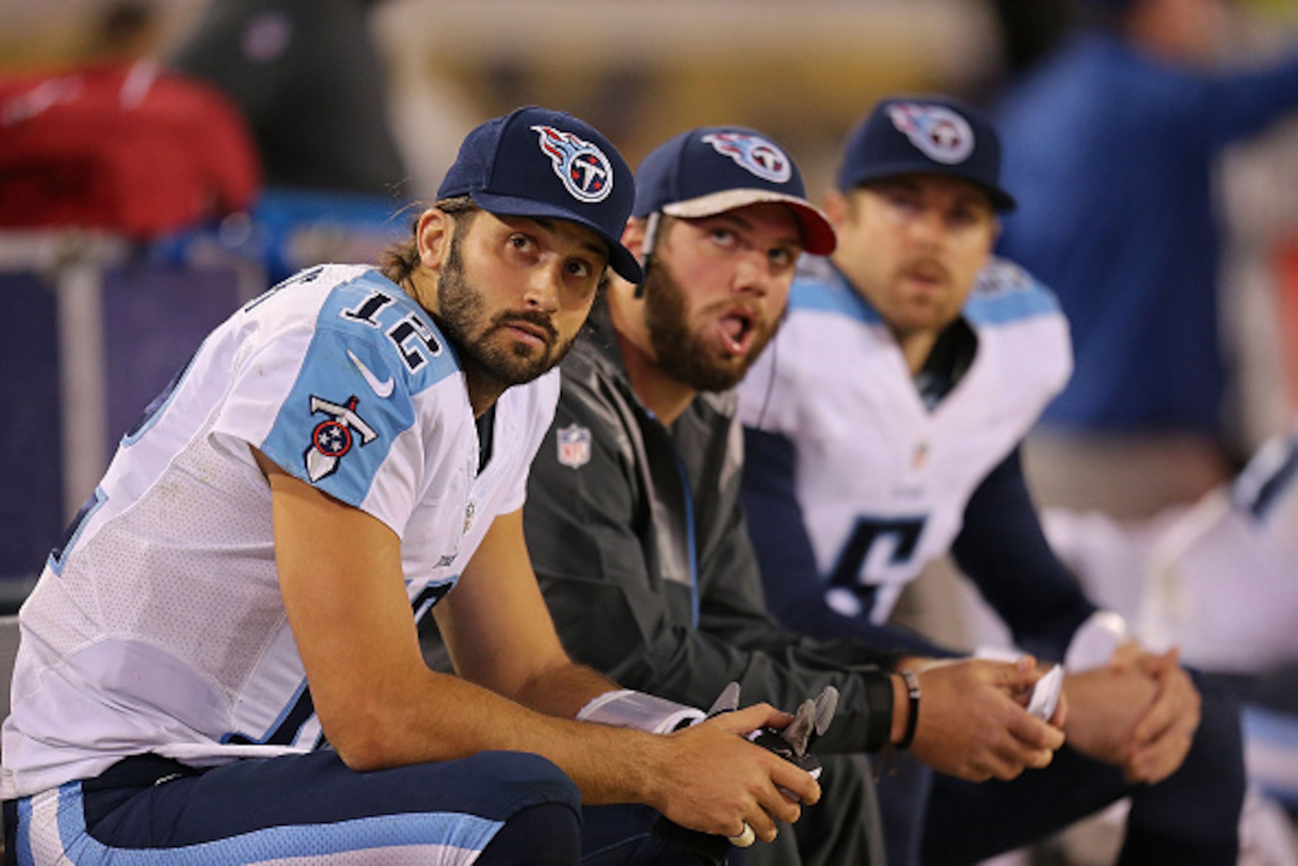 JACKSONVILLE, FL - DECEMBER 18: Charlie Whitehurst #12; Zach Mettenberger #7 and Jordan Palmer #5 of the Tennessee Titans look on during the game against the Jacksonville Jaguars at EverBank Field on December 18, 2014 in Jacksonville, Florida.  (Photo by 