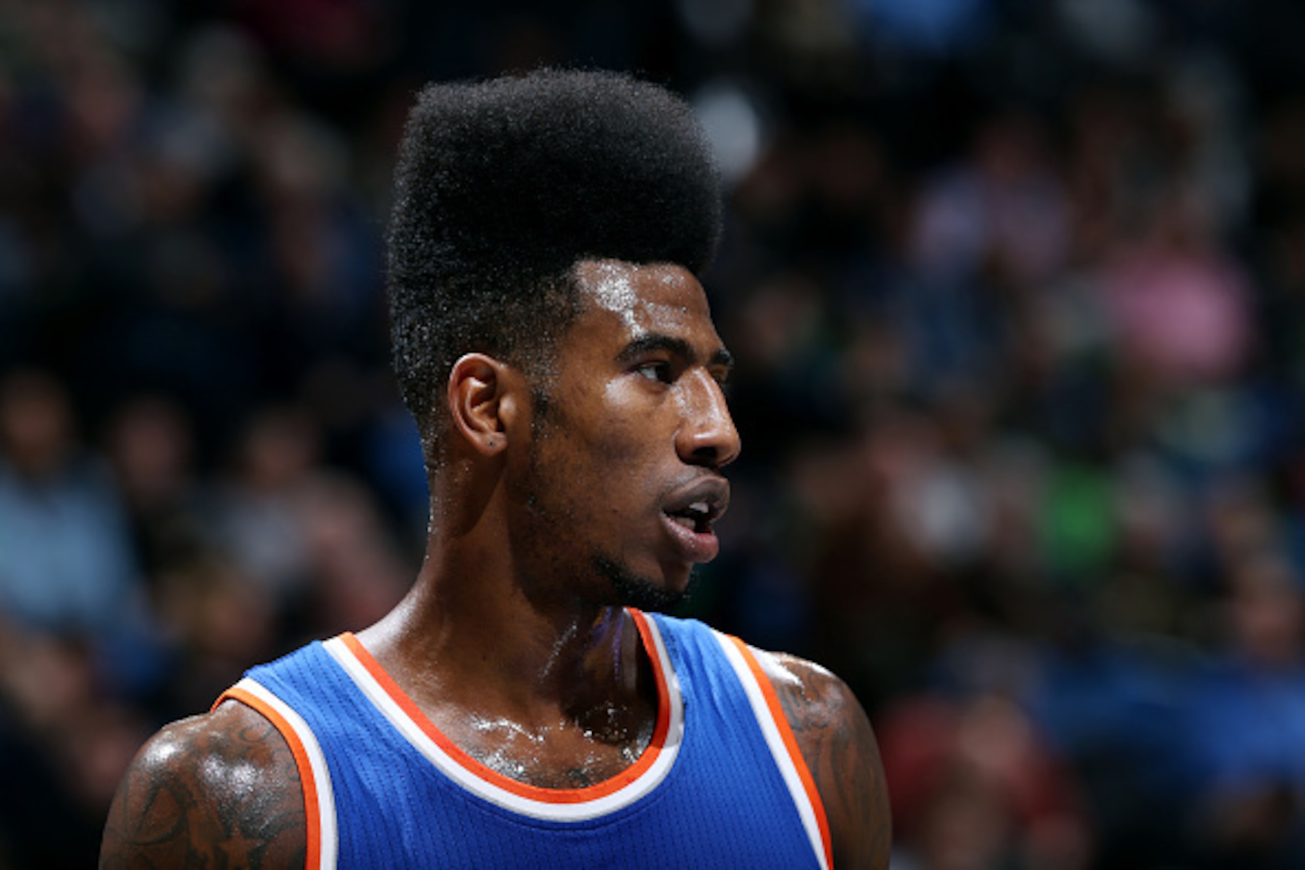 MINNEAPOLIS, MN - NOVEMBER 19: Iman Shumpert #21 of the New York Knicks stands on the court during a game against the Minnesota Timberwolves on November 19, 2014 at Target Center in Minneapolis, Minnesota. NOTE TO USER: User expressly acknowledges and agr