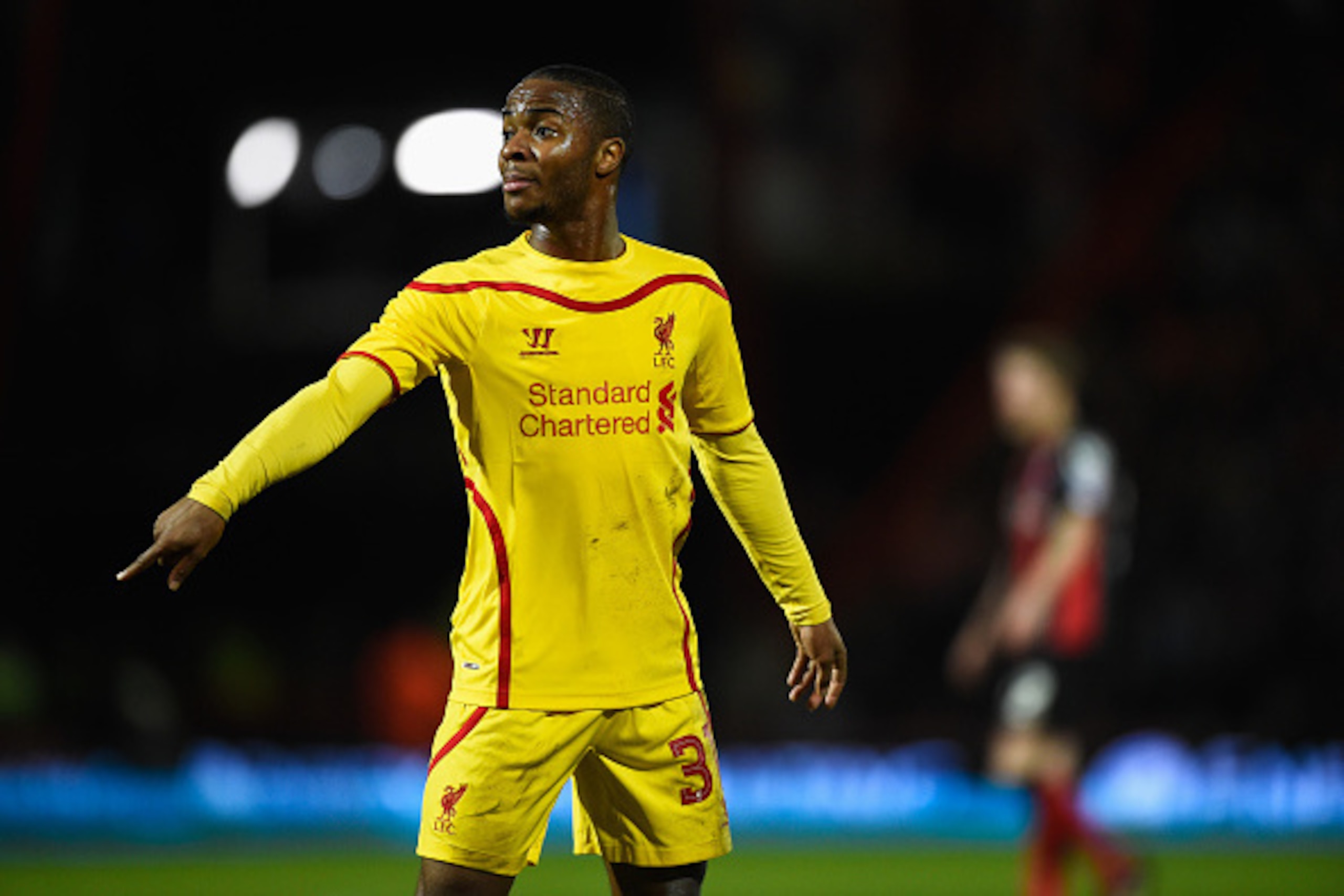 BOURNEMOUTH, ENGLAND - DECEMBER 17:  Raheem Sterling of Liverpool makes his point during the Capital One Cup Quarter-Final match between Bournemouth and Liverpool at Goldsands Stadium on December 17, 2014 in Bournemouth, England.  (Photo by Mike Hewitt/Ge