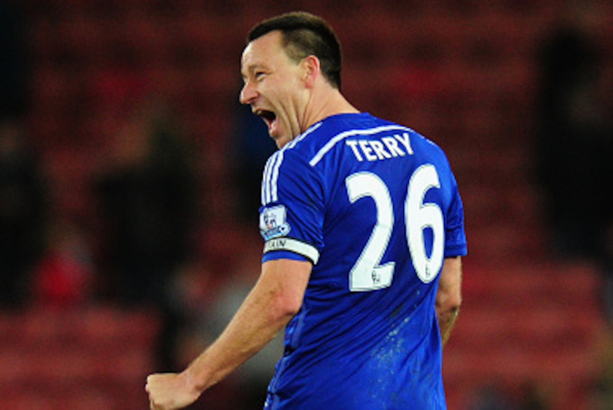 STOKE ON TRENT, ENGLAND - DECEMBER 22:  Chelsea player John Terry celebrates infront of the Stoke fans after the Barclays Premier League match between Stoke City and Chelsea at Britannia Stadium on December 22, 2014 in Stoke on Trent, England.  (Photo by 