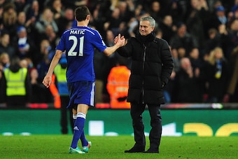 STOKE ON TRENT, ENGLAND - DECEMBER 22:  Chelsea player Nemanja Matic is congratulated by his mananger Jose Mourinho after the Barclays Premier League match between Stoke City and Chelsea at Britannia Stadium on December 22, 2014 in Stoke on Trent, England