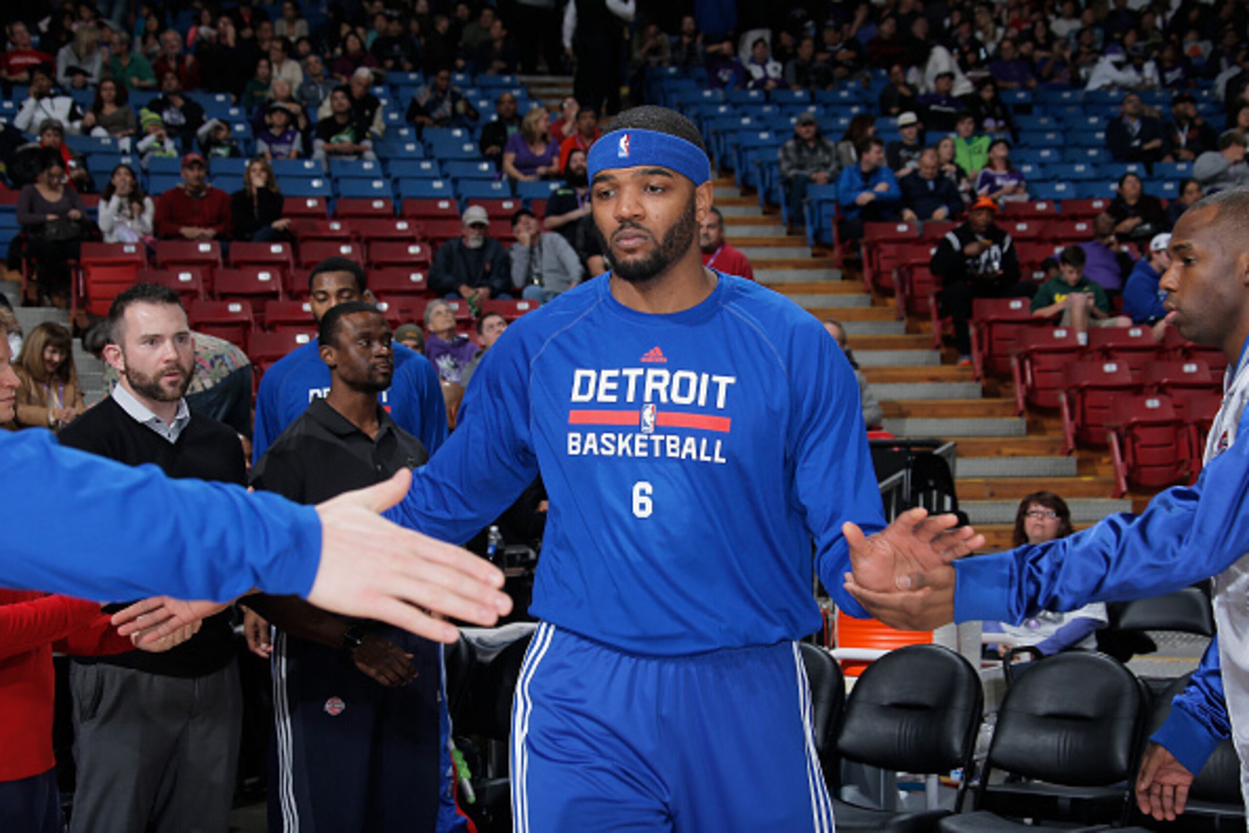 SACRAMENTO, CA - DECEMBER 13: Josh Smith #6 of the Detroit Pistons gets introduced into the starting lineup against the Sacramento Kings on December 13, 2014 at Sleep Train Arena in Sacramento, California. NOTE TO USER: User expressly acknowledges and agr