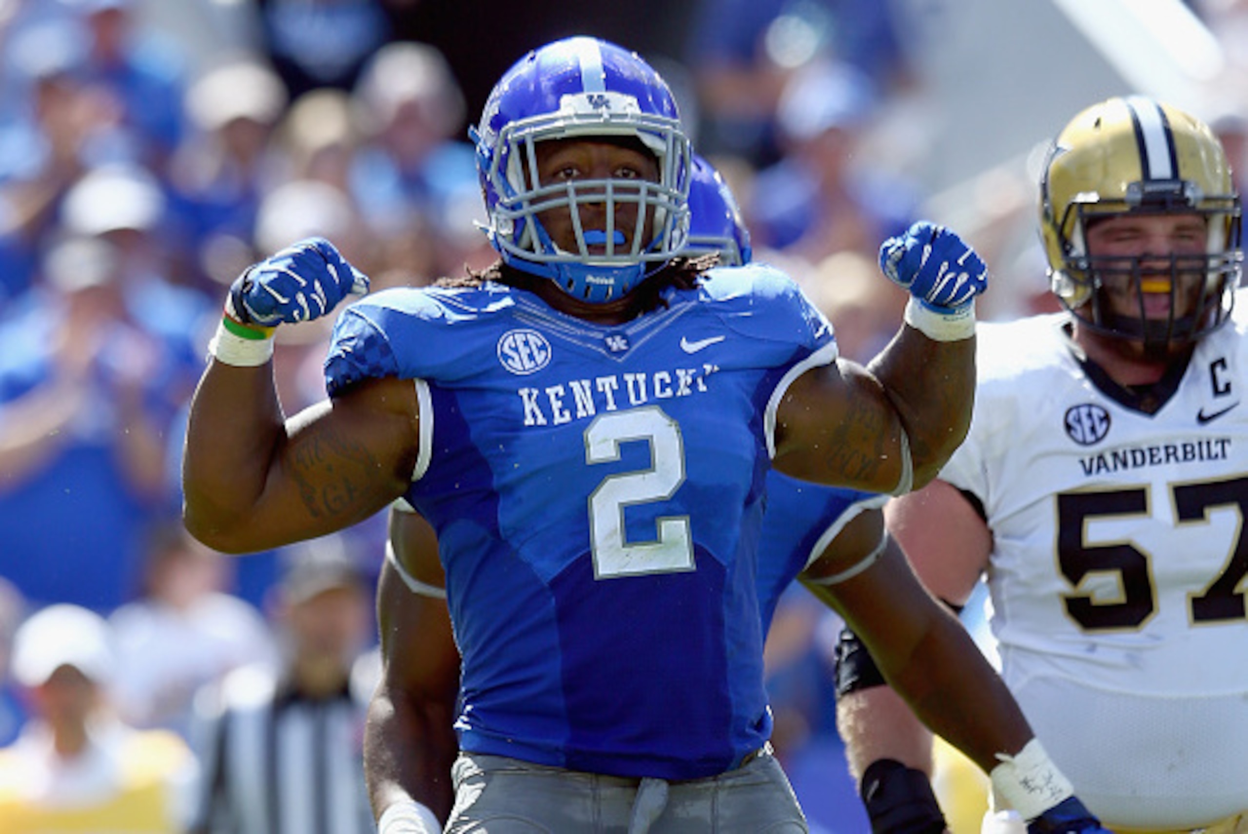 LEXINGTON, KY - SEPTEMBER 27:  Alvin Dupree #2 of the Kentucky Wildcats celebrates after a sack during the game against the Vanderbilt Commodores at Commonwealth Stadium on September 27, 2014 in Lexington, Kentucky.  (Photo by Andy Lyons/Getty Images)