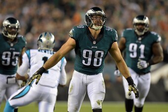 Nov 10, 2014; Philadelphia, PA, USA; Philadelphia Eagles linebacker Connor Barwin (98) celebrates after sacking Carolina Panthers quarterback Cam Newton (1) at Lincoln Financial Field. Mandatory Credit: Kirby Lee-USA TODAY Sports