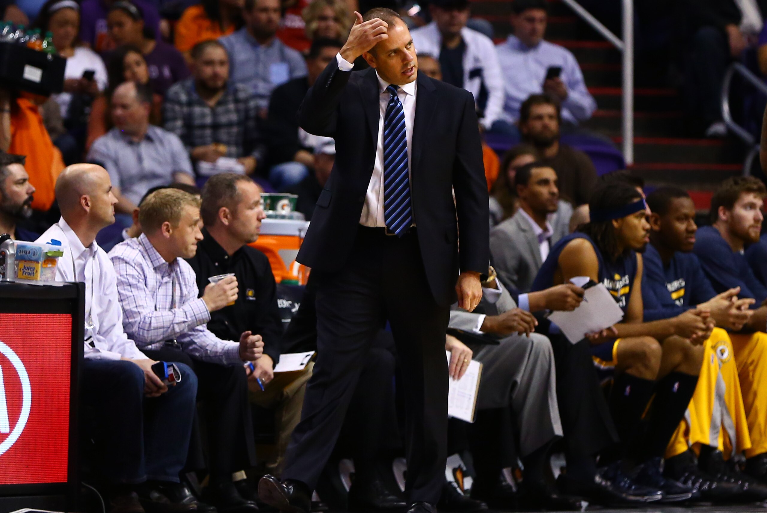 Dec 2, 2014; Phoenix, AZ, USA; Indiana Pacers head coach Frank Vogel reacts in the first quarter against the Phoenix Suns at US Airways Center. Mandatory Credit: Mark J. Rebilas-USA TODAY Sports