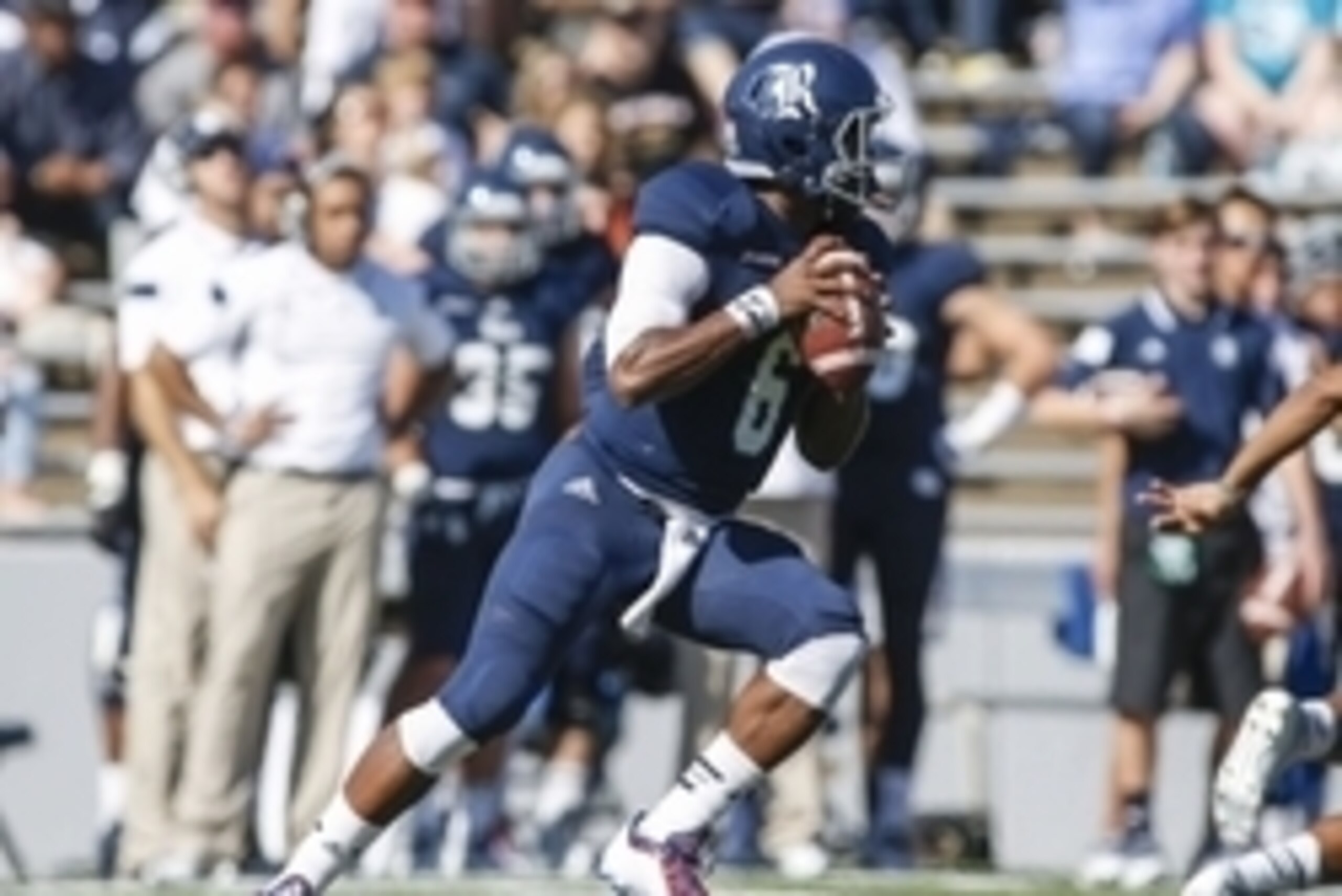 Oct 25, 2014; Houston, TX, USA; Rice Owls quarterback Driphus Jackson (6) looks for an open receiver during the first quarter against the North Texas Mean Green at Rice Stadium. Mandatory Credit: Troy Taormina-USA TODAY Sports
