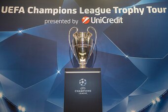 VIENNA, AUSTRIA - OCTOBER 2: The UEFA Champions League Trophy is displayed during the press conference prior to the Unicredit UEFA Champions League Trophy Tour on October 2, 2014 in Vienna, Austria. (Photo by Christian Hofer/Bongarts/Getty Images for UniC