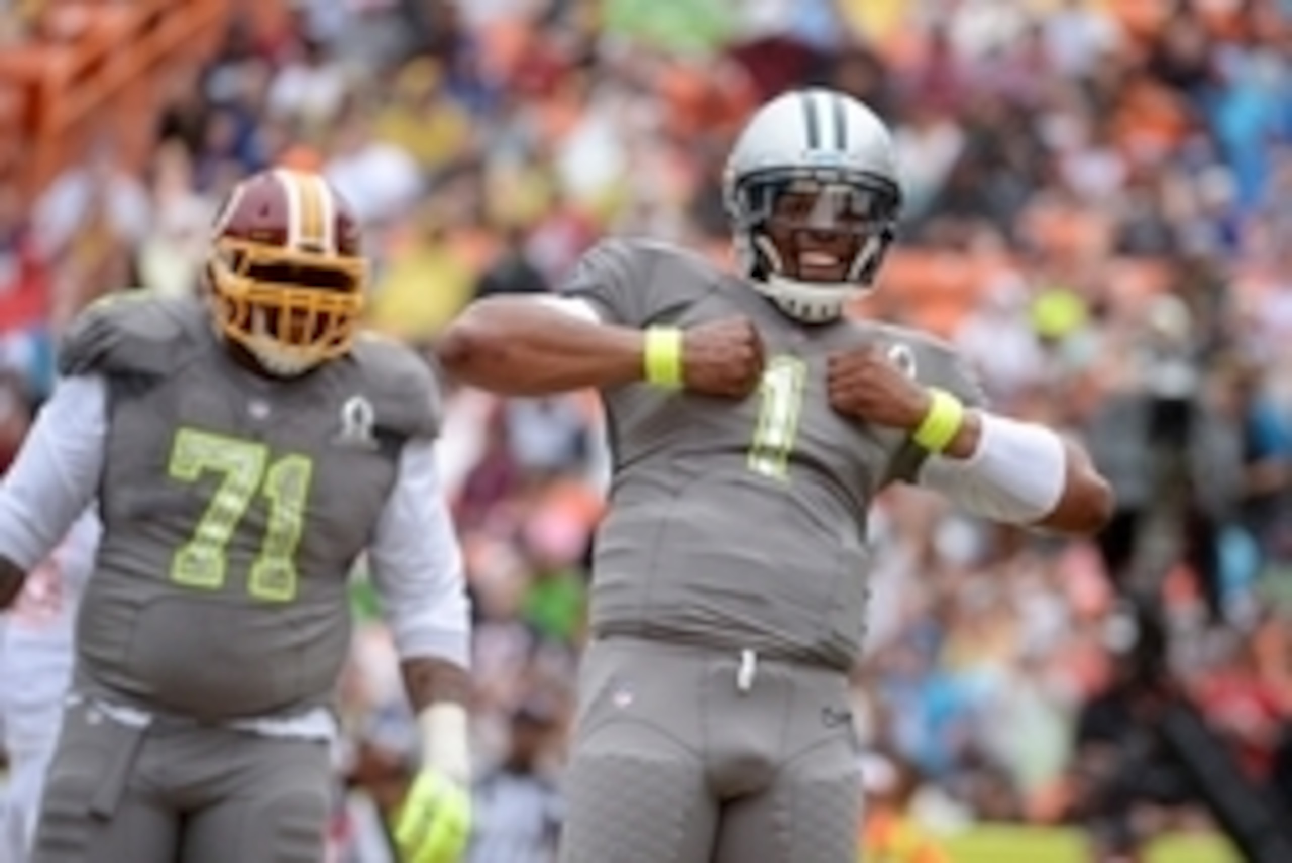 January 26, 2014; Honolulu, HI, USA; Team Sanders quarterback Cam Newton of the Carolina Panthers (1) celebrates after a touchdown in the second quarter during the 2014 Pro Bowl at Aloha Stadium. Mandatory Credit: Kirby Lee-USA TODAY Sports