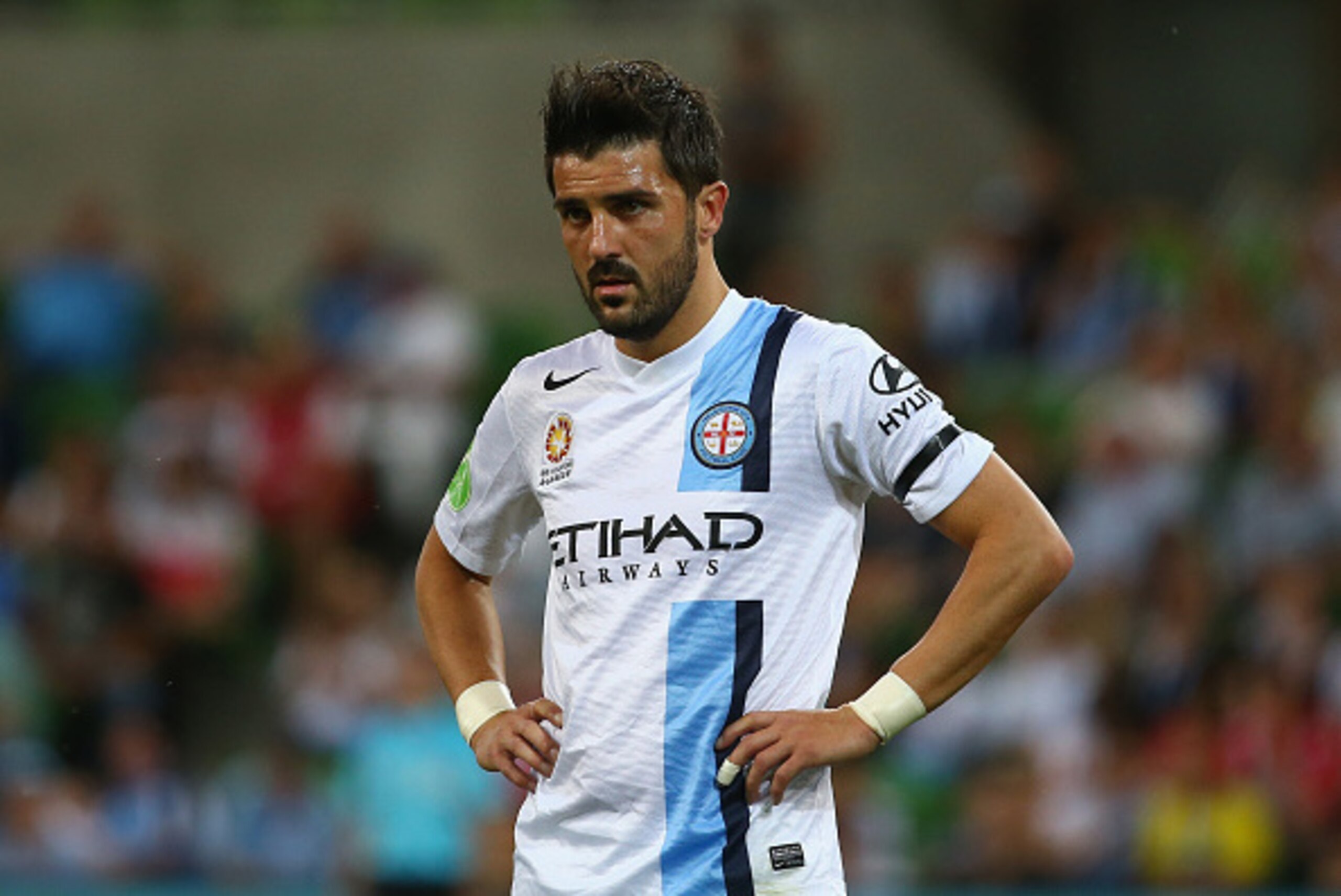 MELBOURNE, AUSTRALIA - OCTOBER 31: David Villa of Melbourne City looks on during the round four A-League match between Melbourne City and Adelaide United at AAMI Park on October 31, 2014 in Melbourne, Australia.  (Photo by Robert Cianflone/Getty Images)