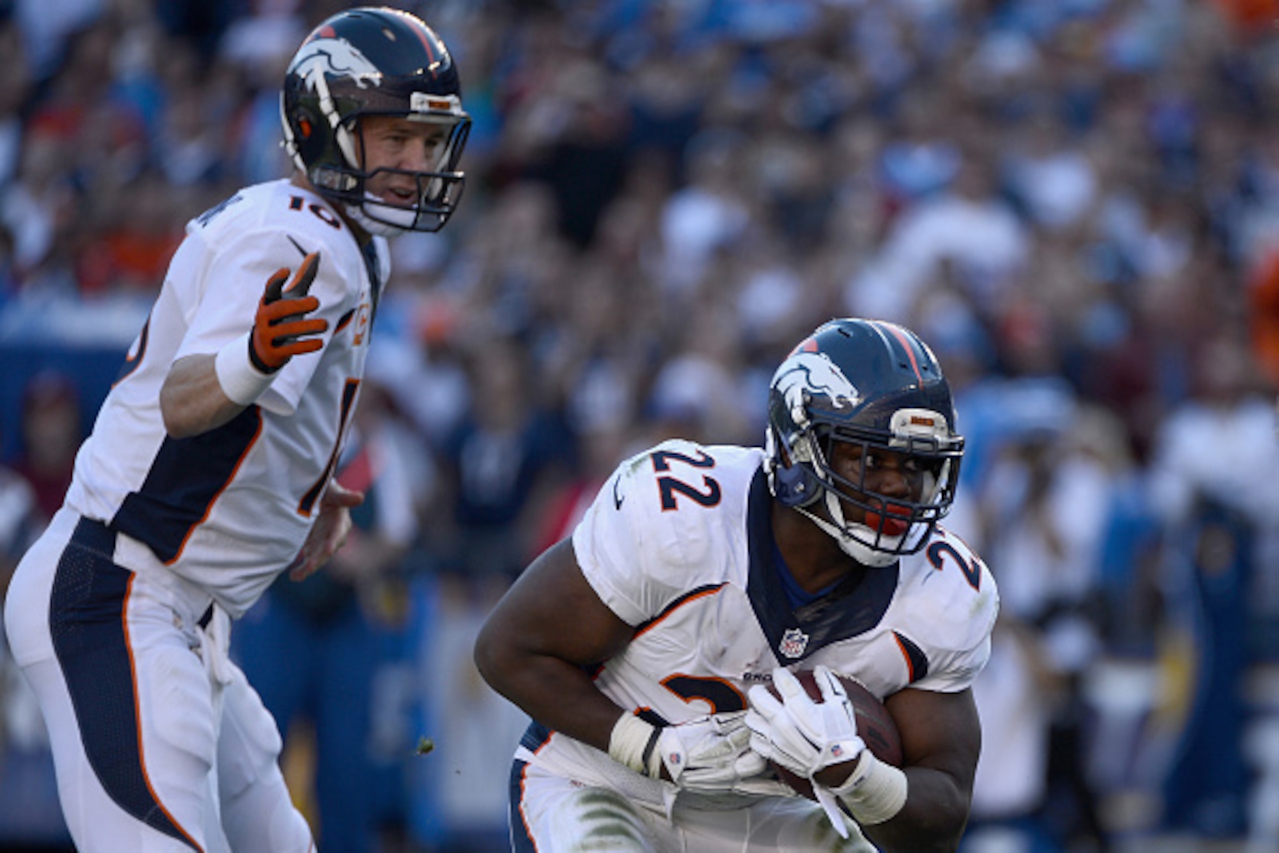 SAN DIEGO, CA - DECEMBER 14: Quarterback Peyton Manning #18 hands off to running back C.J. Anderson #22 of the Denver Broncos for a touchdown against the San Diego Chargers at Qualcomm Stadium on December 14, 2014 in San Diego, California. (Photo by Don SAN DIEGO, CA - DECEMBER 14: Quarterback Peyton Manning #18 hands off to running back C.J. Anderson #22 of the Denver Broncos for a touchdown against the San Diego Chargers at Qualcomm Stadium on December 14, 2014 in San Diego, California. (Photo by Don