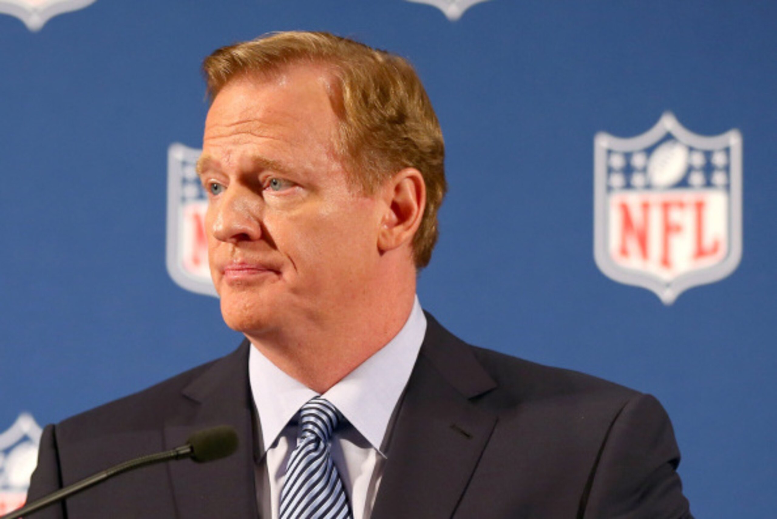 NEW YORK, NY - SEPTEMBER 19:  NFL Commissioner Roger Goodell talks during a press conference at the Hilton Hotel on September 19, 2014 in New York City. Goodell spoke about the NFL's failure to address domestic violence, sexual assault and drug abuse in t