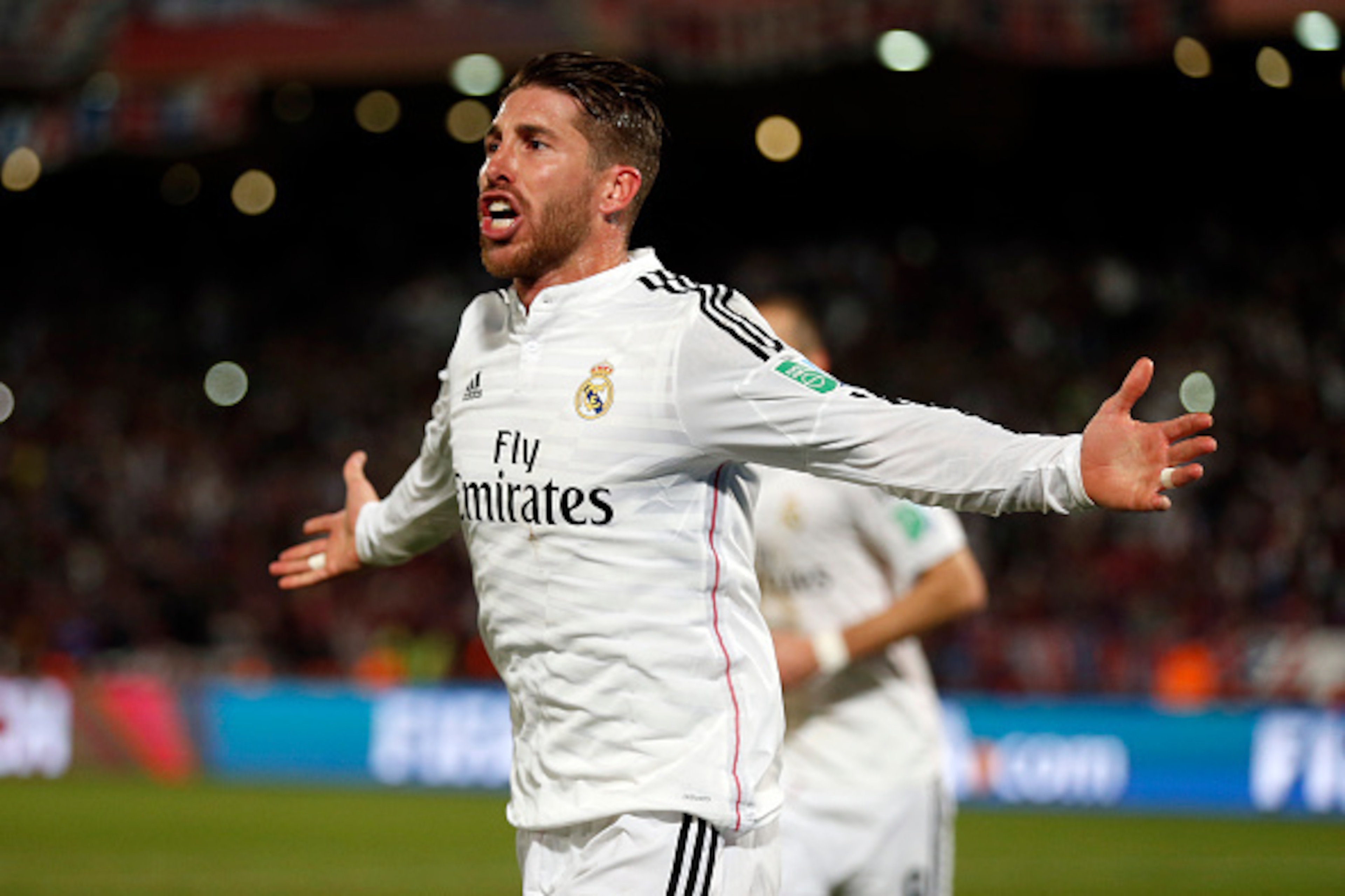 MARRAKECH, MOROCCO - DECEMBER 20: Sergio Ramos of Real Madrid CF celebrates scoring a goal during the FIFA Club World Cup Final match between Real Madrid CF and San Lorenzo at Le Grand Stade de Marrakech on December 20, 2014 in Marrakech, Morocco.  (Photo