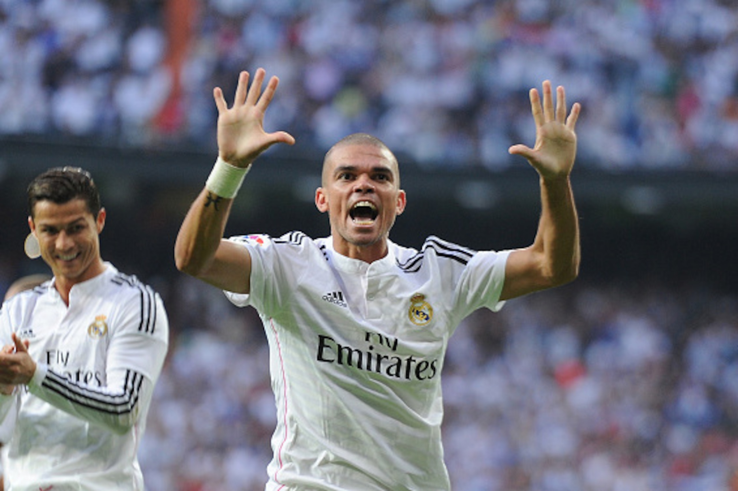 MADRID, SPAIN - OCTOBER 25:  Pepe of Real Madrid CF celebrates after scoring his team's 2nd goal from the penalty spot during the La Liga match between Real Madrid CF and FC Barcelona at Estadio Santiago Bernabeu on October 25, 2014 in Madrid, Spain.  (Ph