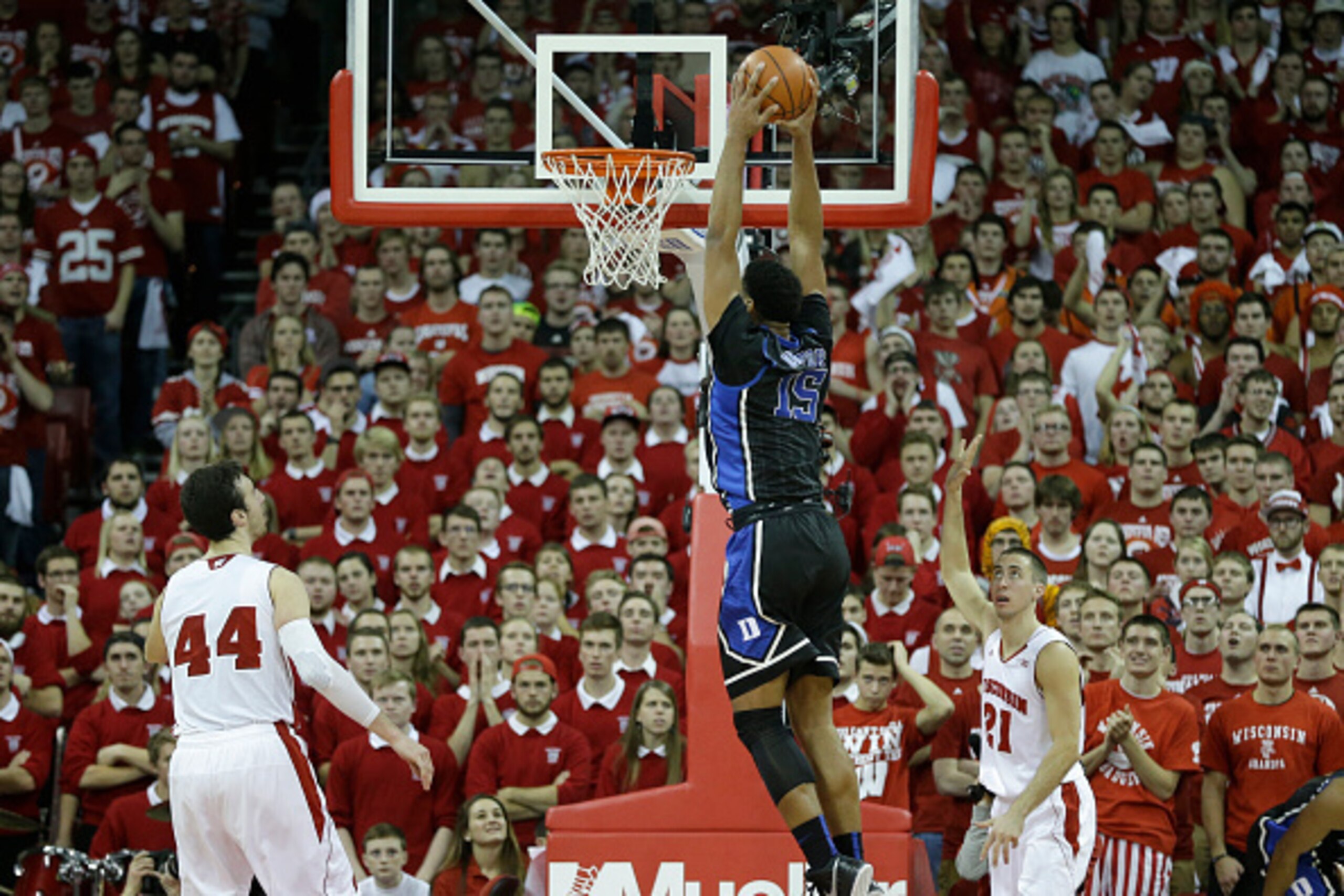MADISON, WI - DECEMBER 03: Jahlil Okafor #15 of the Duke Blue Devils with the two handed slam dunk during the second half against the Wisconsin Badgers at Kohl Center on December 03, 2014 in Madison, Wisconsin. (Photo by Mike McGinnis/Getty Images) MADISON, WI - DECEMBER 03: Jahlil Okafor #15 of the Duke Blue Devils with the two handed slam dunk during the second half against the Wisconsin Badgers at Kohl Center on December 03, 2014 in Madison, Wisconsin. (Photo by Mike McGinnis/Getty Images)