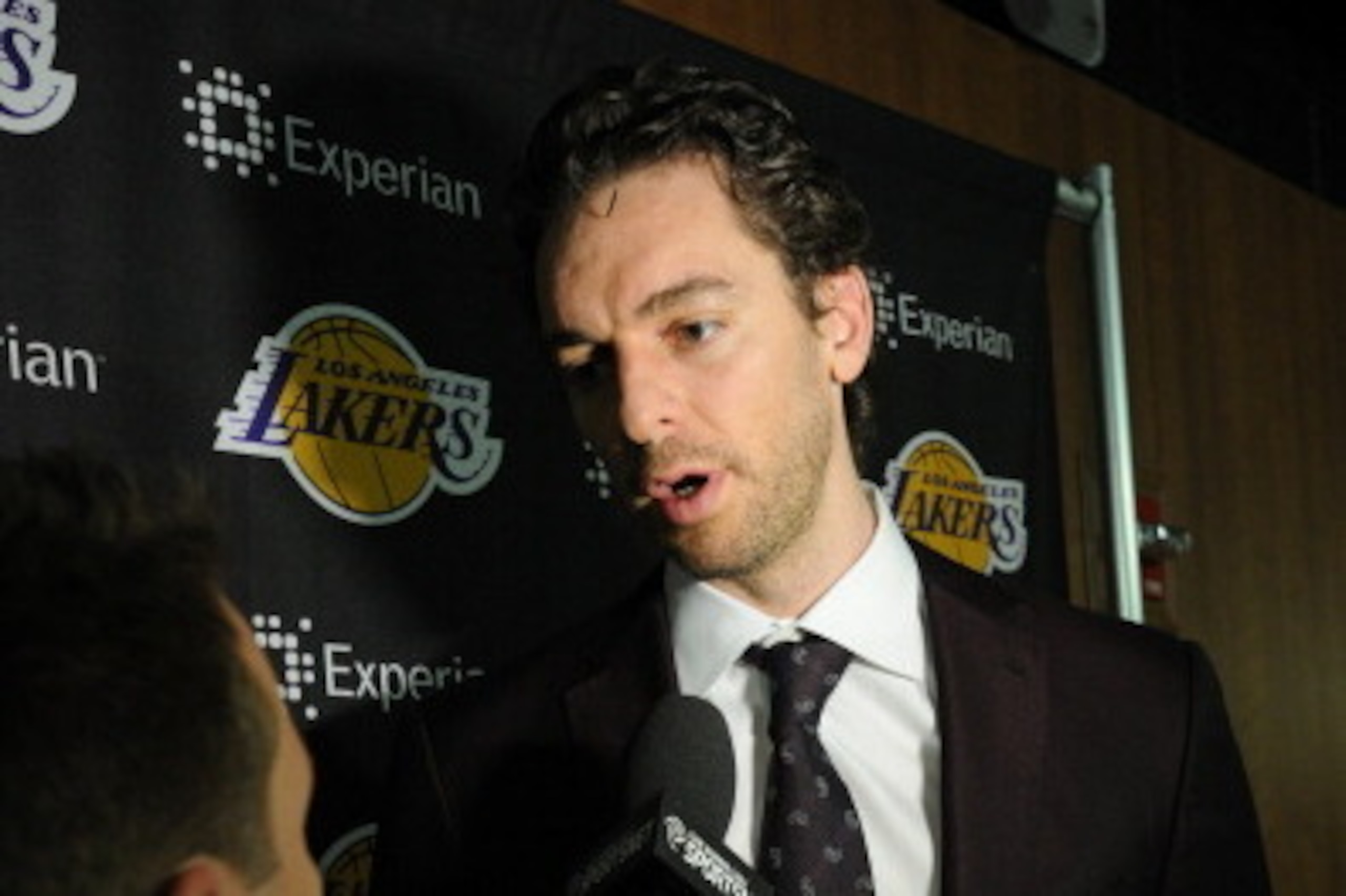 LOS ANGELES, CA - APRIL 13: Pau Gasol #16 of the Los Angeles Lakers is interviewed before a game against the Memphis Grizzlies at Staples Center on April 13, 2014 in Los Angeles, California. NOTE TO USER: User expressly acknowledges and agrees that, by do