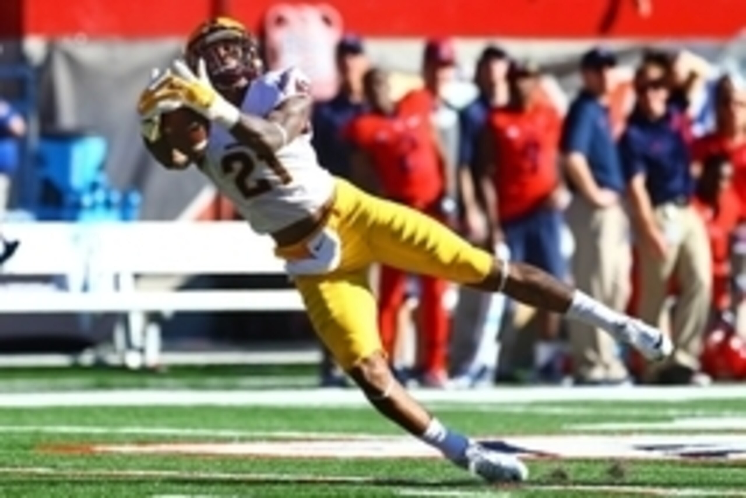 Nov 28, 2014; Tucson, AZ, USA; Arizona State Sun Devils wide receiver Jaelen Strong (21) dives to catch a pass in the second quarter against the Arizona Wildcats during the 88th annual territorial cup at Arizona Stadium. Mandatory Credit: Mark J. Rebilas-