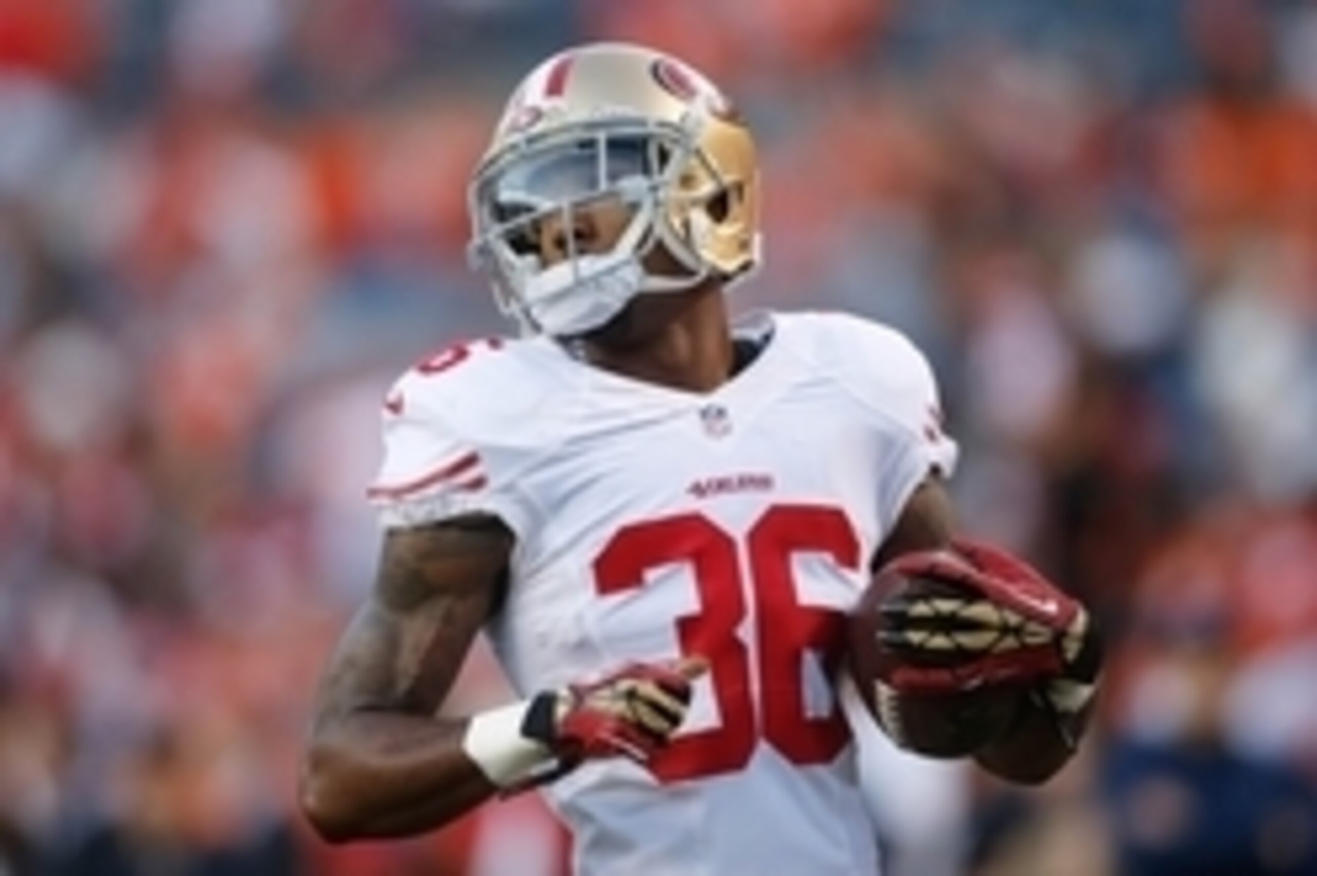 Oct 19, 2014; Denver, CO, USA; San Francisco 49ers defensive back Dontae Johnson (36) before the game against the Denver Broncos at Sports Authority Field at Mile High. Mandatory Credit: Chris Humphreys-USA TODAY Sports