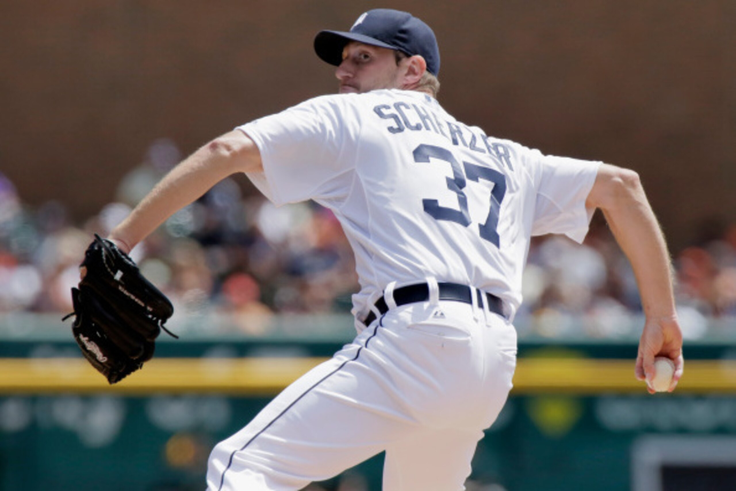 DETROIT, MI - AUGUST 14:  Pitcher Max Scherzer #37 of the Detroit Tigers delivers against the Pittsburgh Pirates during an interleague game at Comerica Park on August 14, 2014 in Detroit, Michigan. (Photo by Duane Burleson/Getty Images)