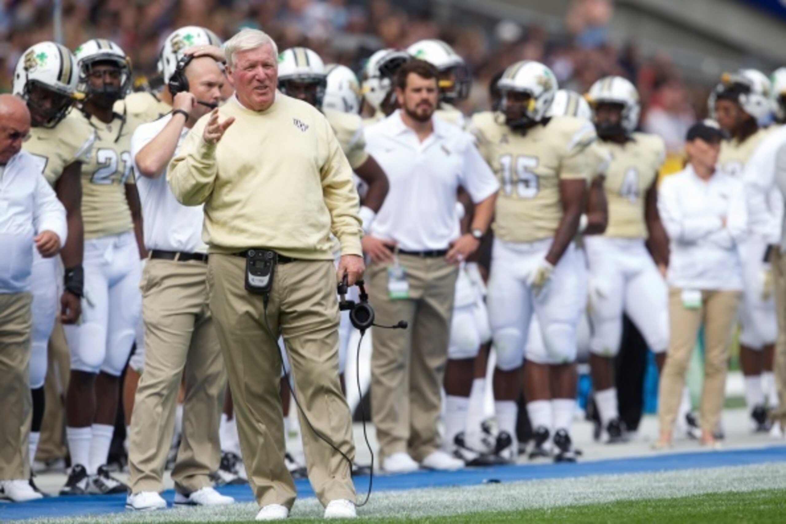 DUBLIN, IRELAND - AUGUST 30: UCF Head Coach George O'Leary looks on during the Croke Park Classic American Football match between Penn State v Central Florida at Croke Park Stadium on August 30, 2014 in Dublin, Ireland.  (Photo by Patrick Bolger/Getty Ima