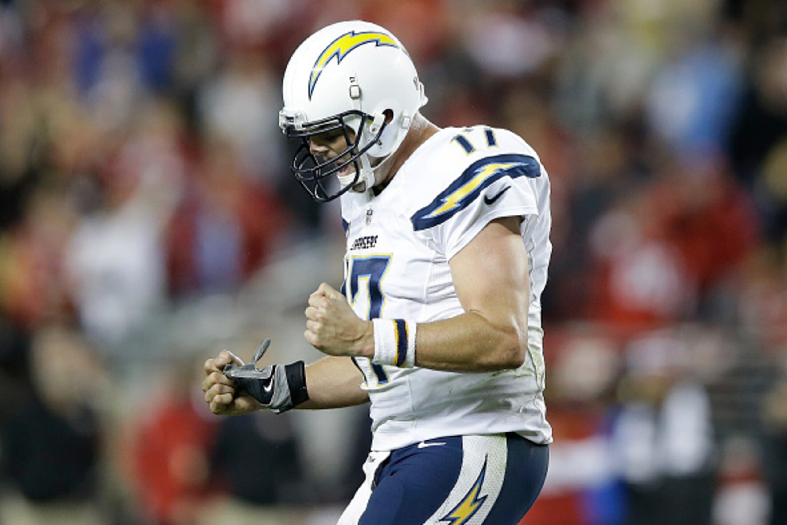 SANTA CLARA, CA - DECEMBER 20:  Quarterback Philip Rivers #17 of the San Diego Chargers reacts after throwing a fourth quarter touchdown pass to wide receiver Malcom Floyd #80 against the San Francisco 49ers at Levi's Stadium on December 20, 2014 in Santa