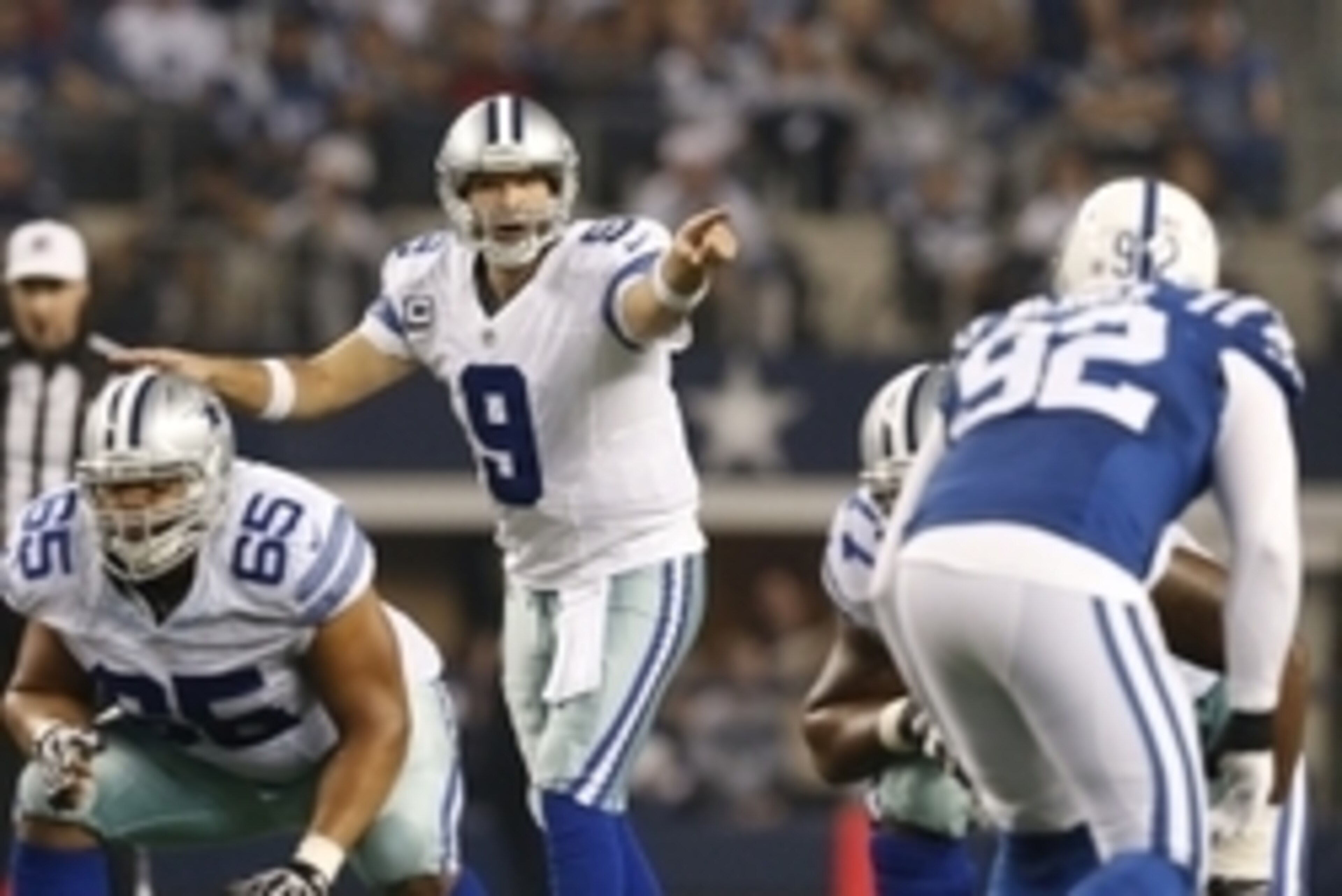 Dec 21, 2014; Arlington, TX, USA; Dallas Cowboys quarterback Tony Romo (9) signals prior to the snap against the Indianapolis Colts at AT&T Stadium. Mandatory Credit: Matthew Emmons-USA TODAY Sports
