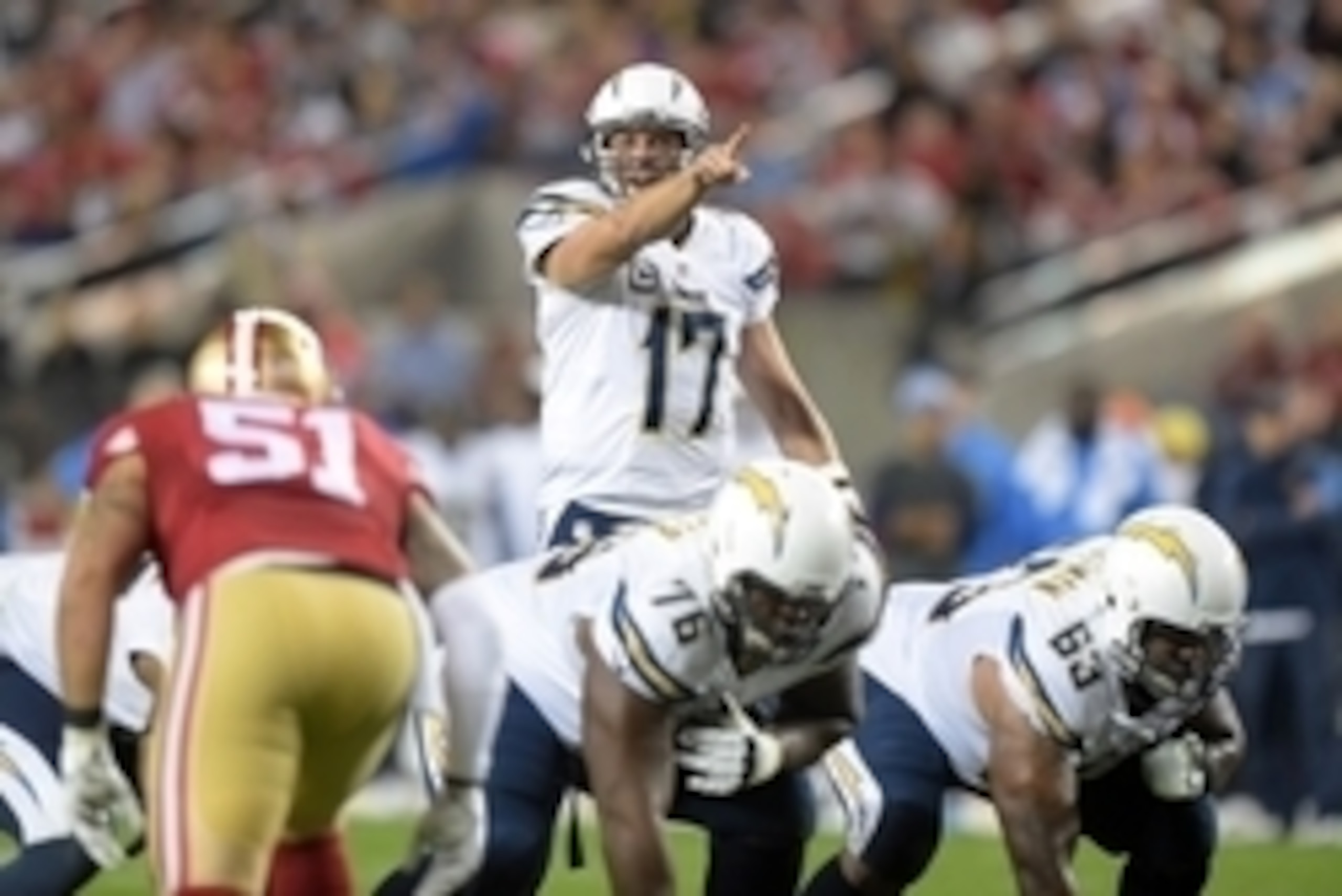 Dec 20, 2014; Santa Clara, CA, USA; San Diego Chargers quarterback Philip Rivers (17) gestures against the San Francisco 49ers at Levi's Stadium. Mandatory Credit: Kirby Lee-USA TODAY Sports