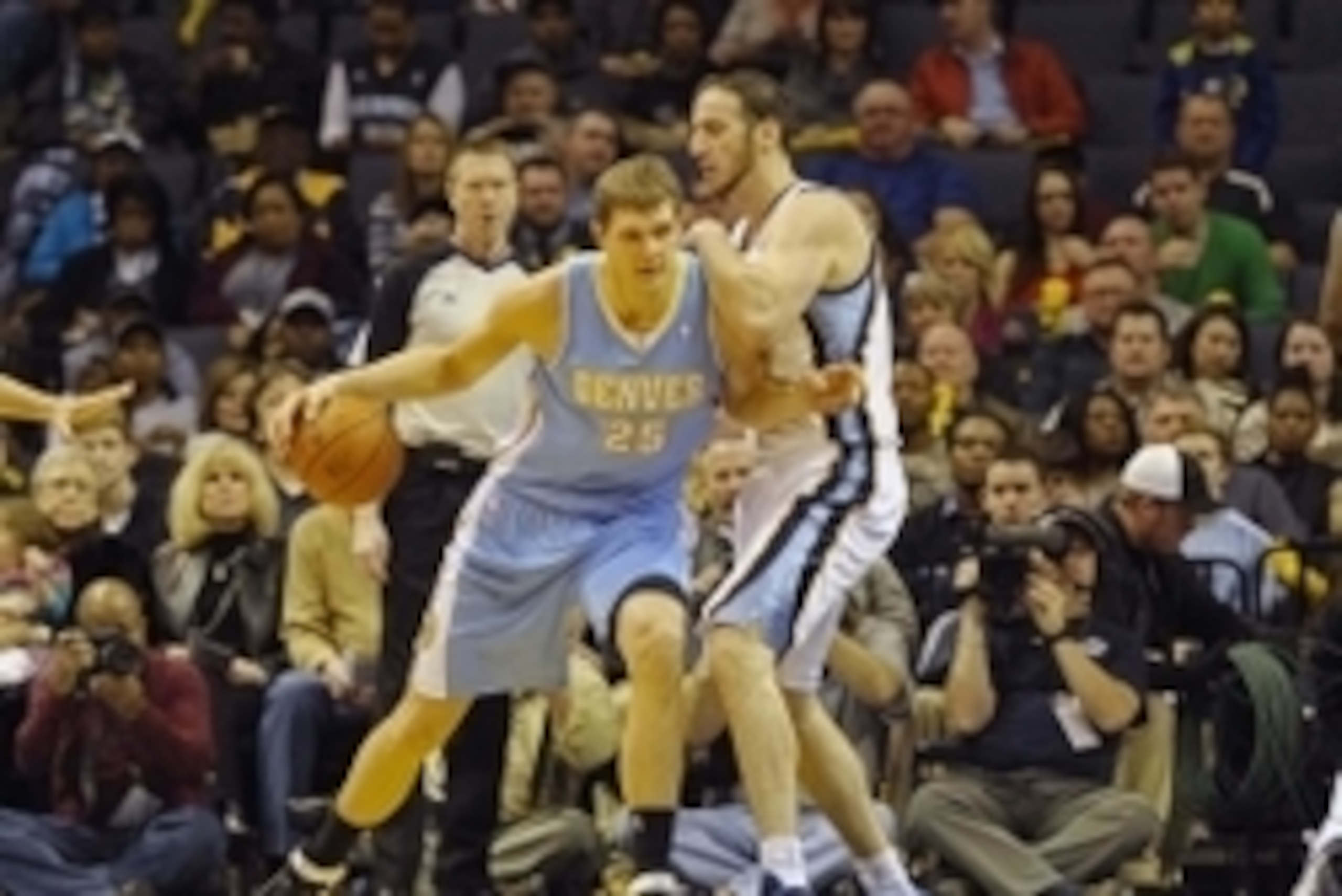 Dec 28, 2013; Memphis, TN, USA; Memphis Grizzlies center Kosta Koufos (41) guards Denver Nuggets center Timofey Mozgov (25) during the first quarter at FedExForum. Mandatory Credit: Justin Ford-USA TODAY Sports
