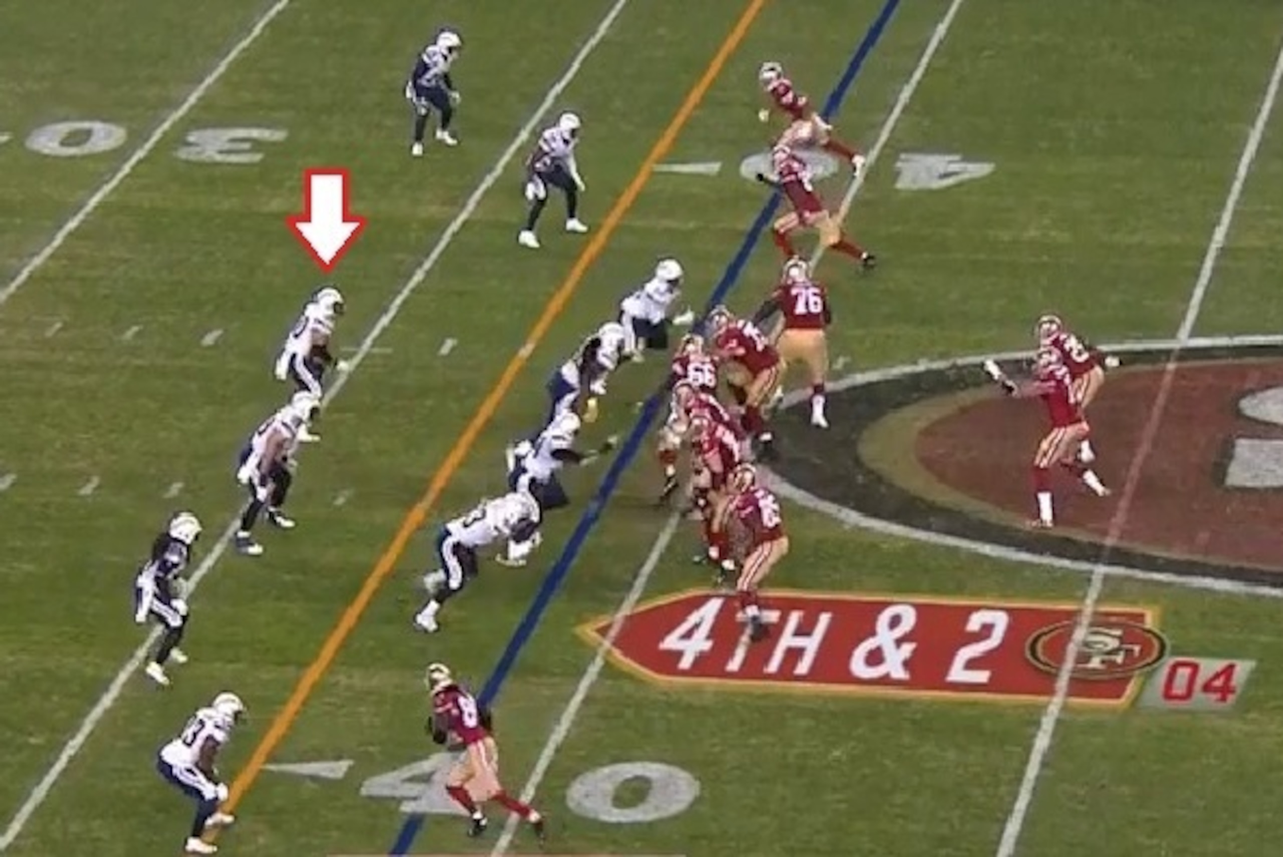 This play is crucial for the Chargers, who can't afford for any more time to be taken off the clock.