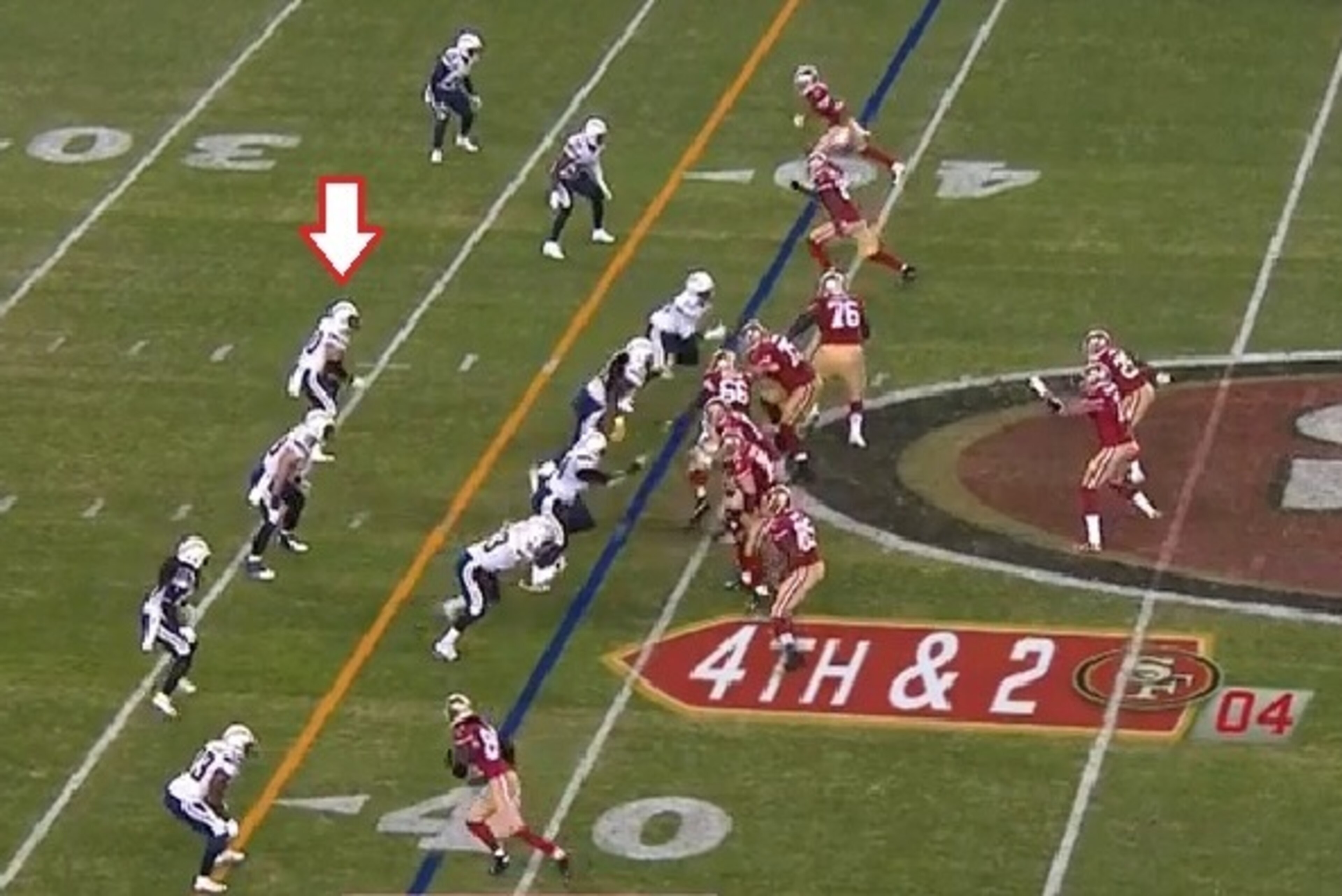 This play is crucial for the Chargers, who can't afford for any more time to be taken off the clock.