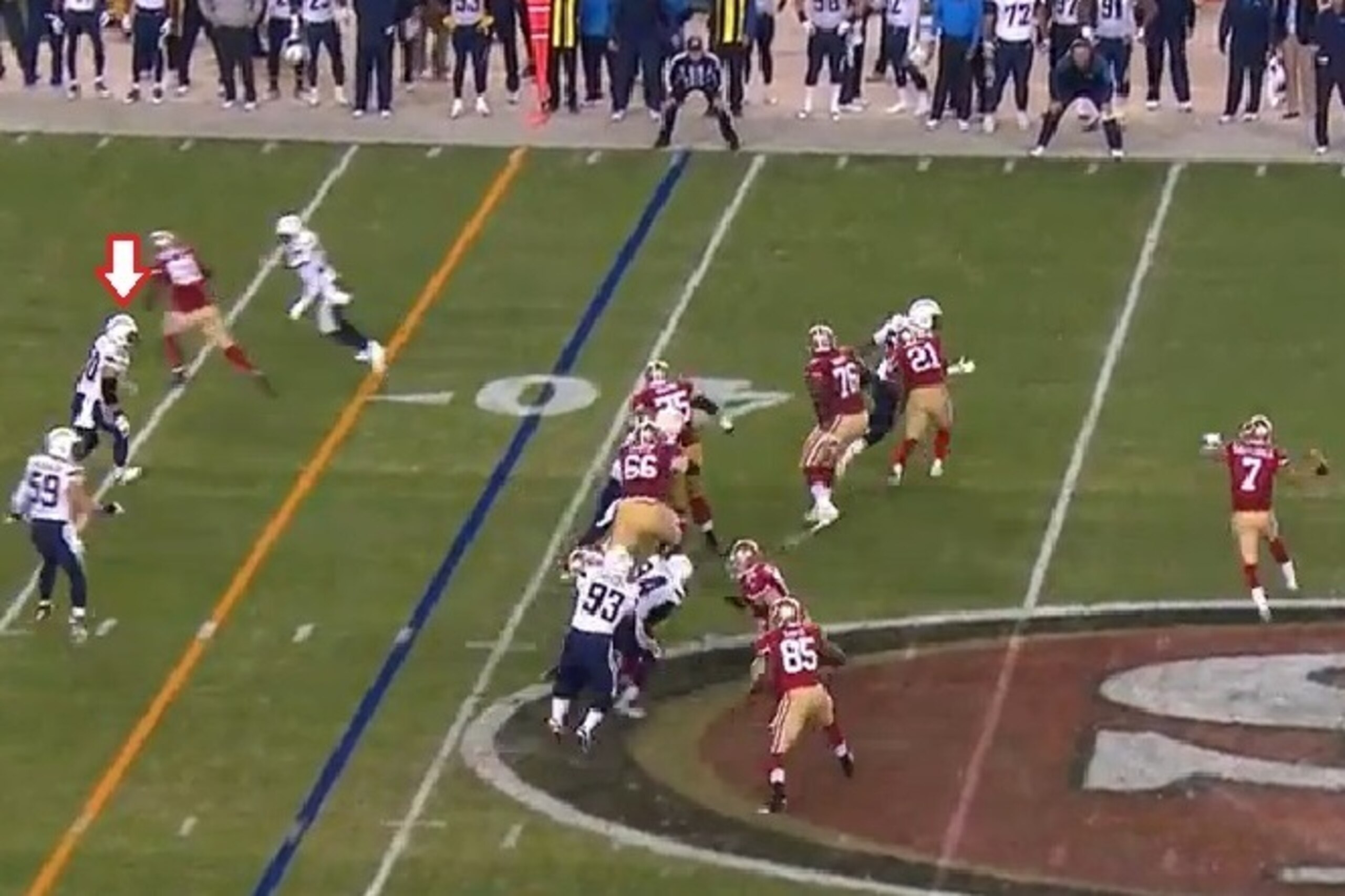 Manti Te'o is in shallow coverage as Colin Kaepernick looks like he is about to throw.