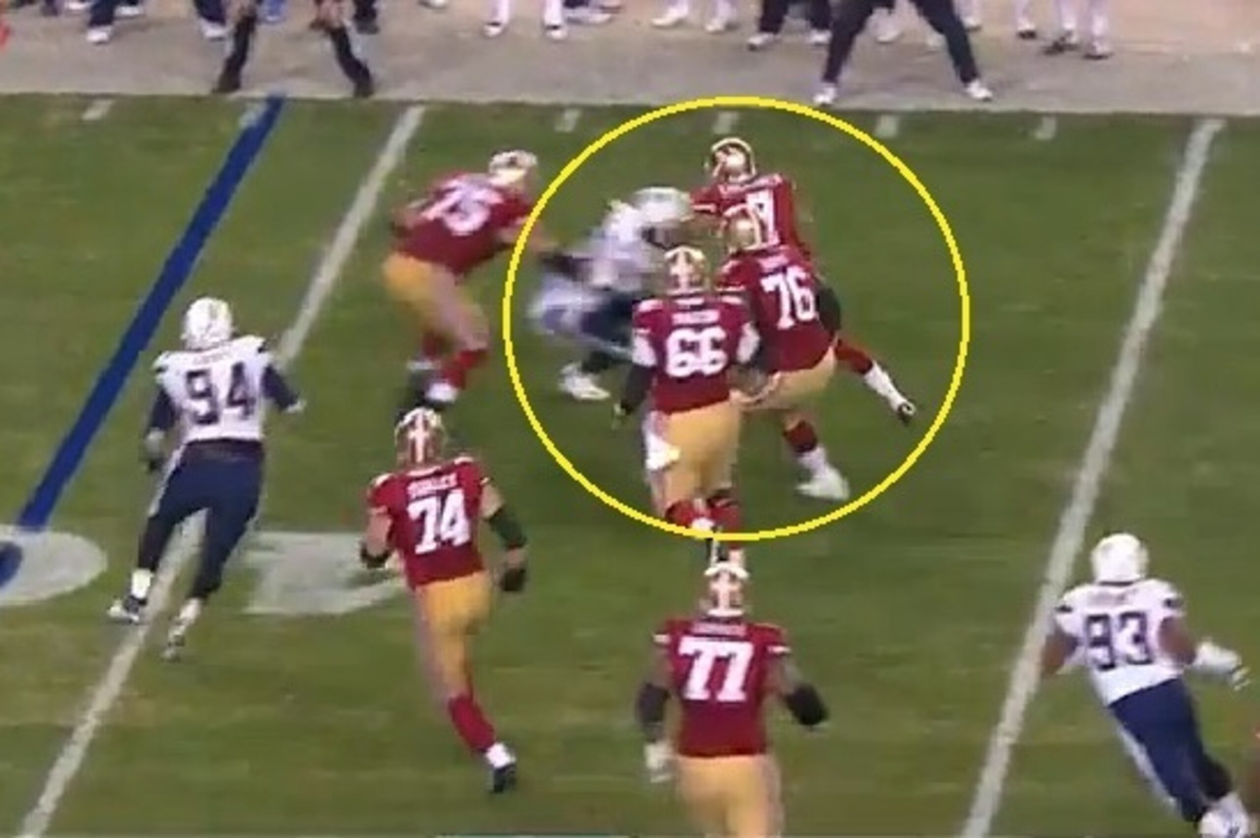 Te'o shoots past Alex Boone and impressively takes down Kaepernick by himself.