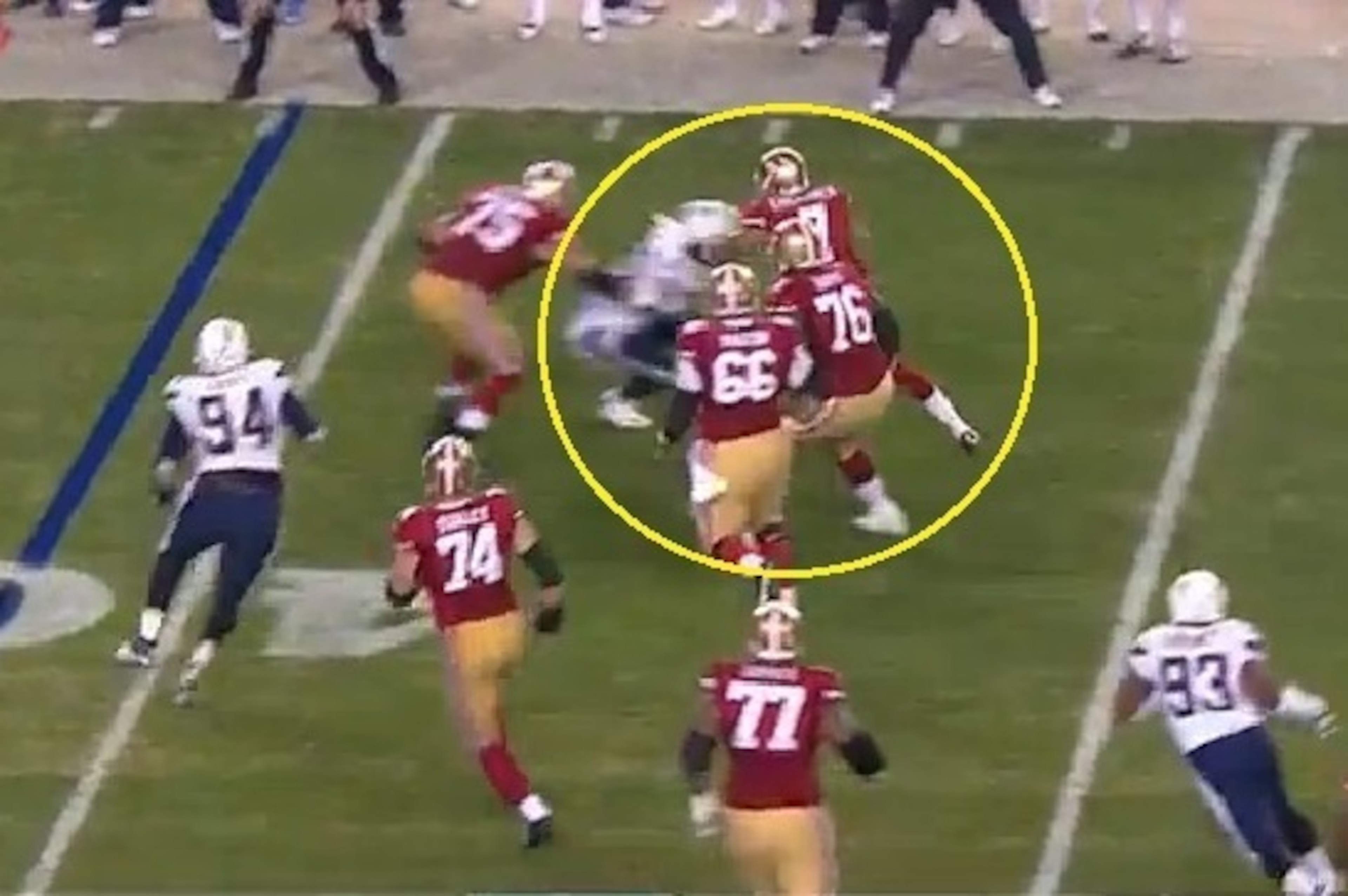 Te'o shoots past Alex Boone and impressively takes down Kaepernick by himself.