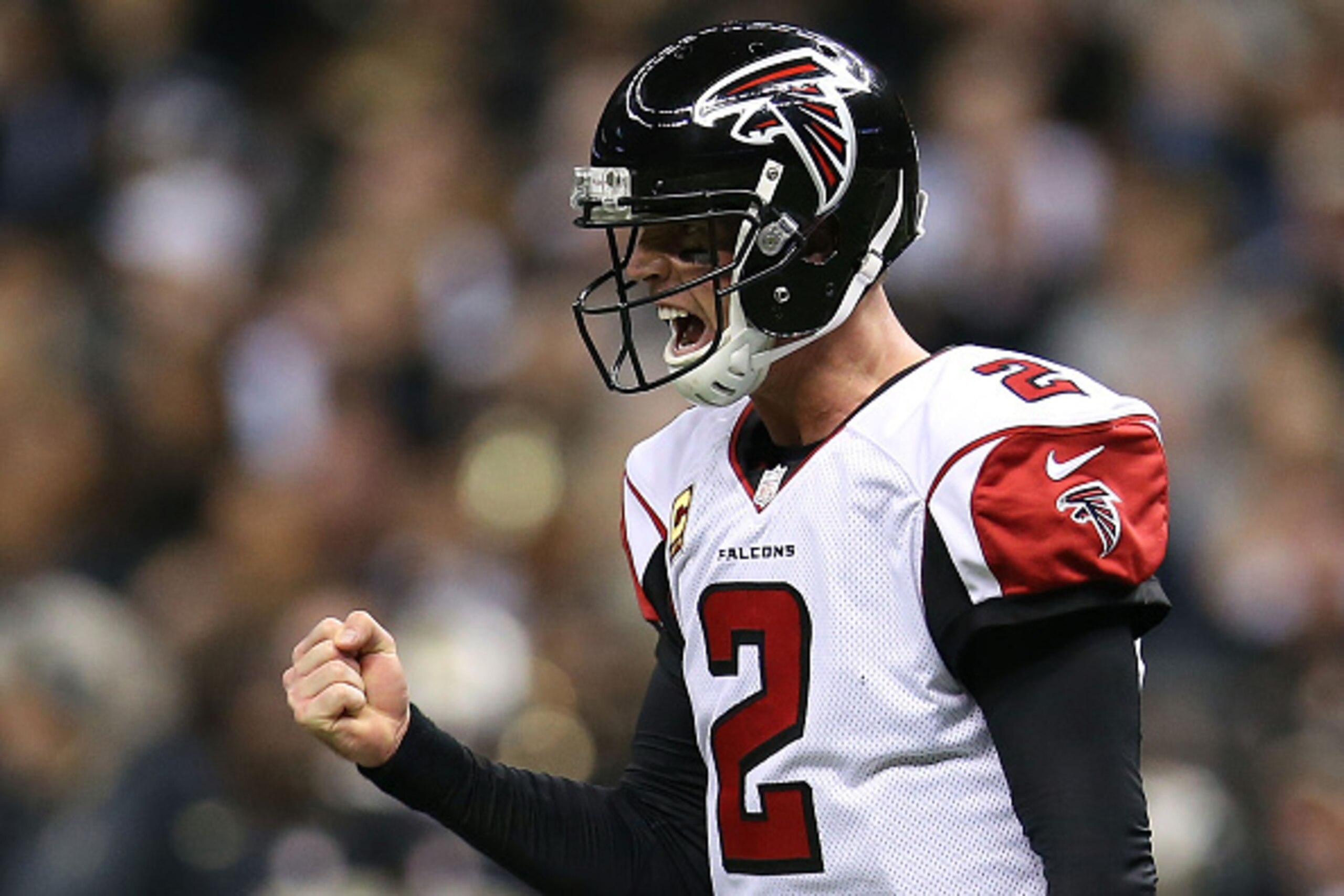 NEW ORLEANS, LA - DECEMBER 21: Matt Ryan #2 of the Atlanta Falcons celebrates a touchdown during the second quarter of a game against the New Orleans Saints at the Mercedes-Benz Superdome on December 21, 2014 in New Orleans, Louisiana. (Photo by Chris G NEW ORLEANS, LA - DECEMBER 21: Matt Ryan #2 of the Atlanta Falcons celebrates a touchdown during the second quarter of a game against the New Orleans Saints at the Mercedes-Benz Superdome on December 21, 2014 in New Orleans, Louisiana. (Photo by Chris G