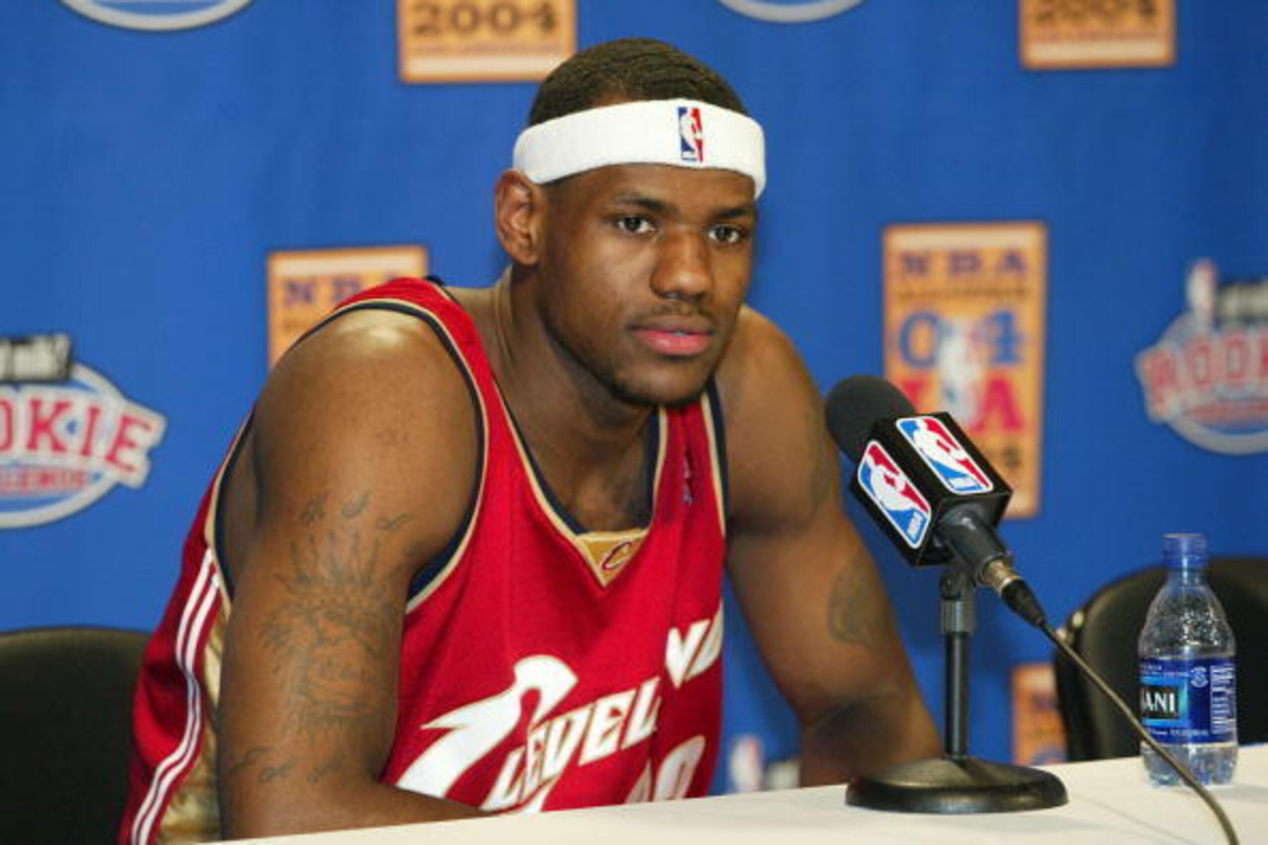 LOS ANGELES - FEBRUARY 13:  LeBron James #23 of the rookie team speaks during a news conference before the Got Milk? Rookie Challenge game, part of the 53rd NBA All-Star weekend at Staples Center February 13, 2004 in Los Angeles, California.  NOTE TO USER