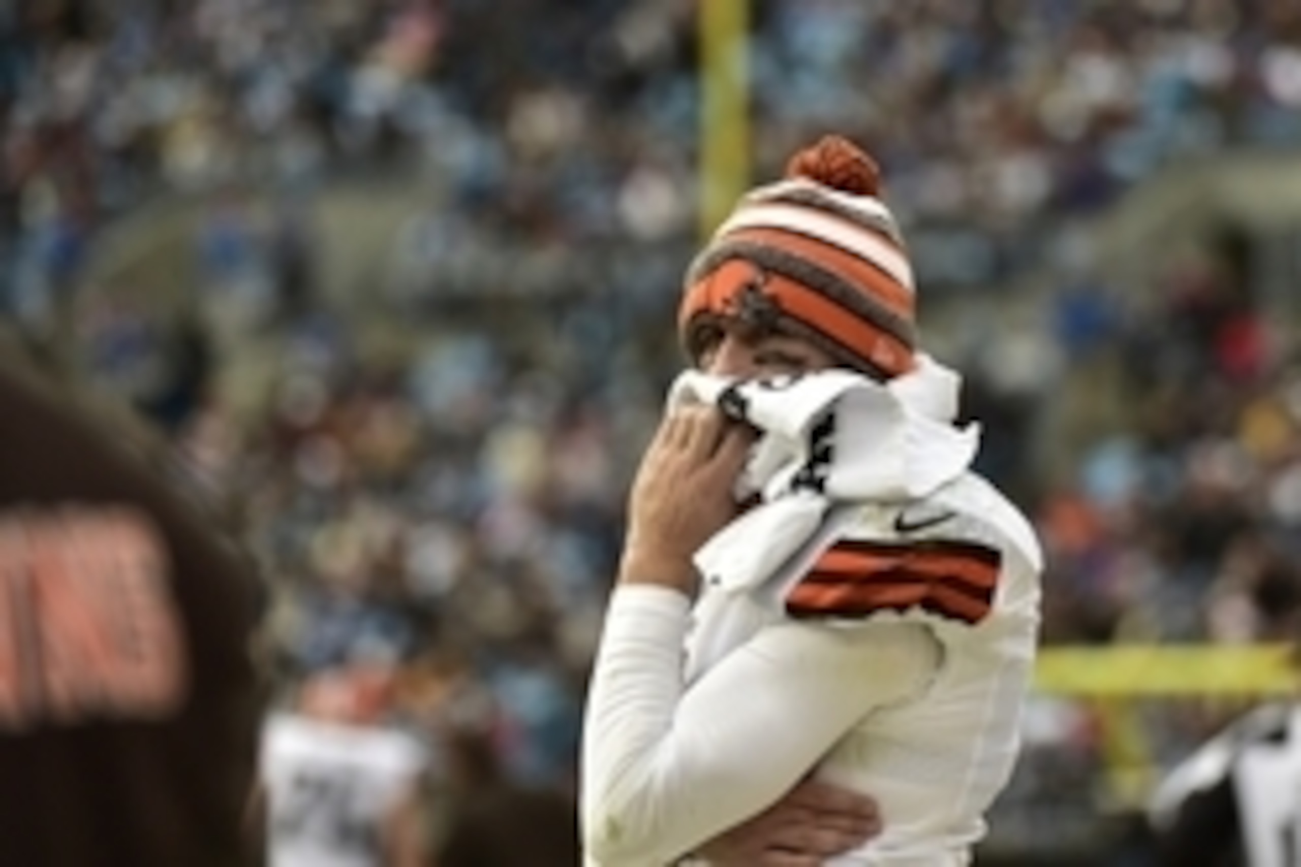 Dec 21, 2014; Charlotte, NC, USA; Cleveland Browns quarterback Johnny Manziel (2) on the sidelines in the third quarter at Bank of America Stadium. Mandatory Credit: Bob Donnan-USA TODAY Sports Dec 21, 2014; Charlotte, NC, USA; Cleveland Browns quarterback Johnny Manziel (2) on the sidelines in the third quarter at Bank of America Stadium. Mandatory Credit: Bob Donnan-USA TODAY Sports
