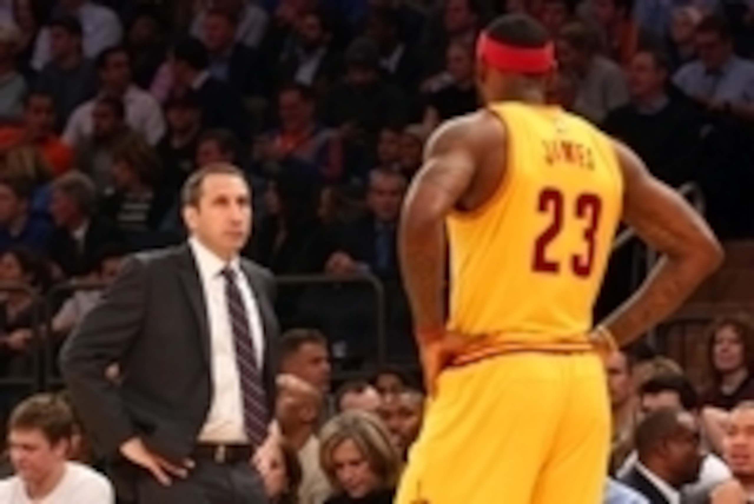 Dec 4, 2014; New York, NY, USA; Cleveland Cavaliers head coach David Blatt talks with small forward LeBron James (23) during a game against the New York Knicks at Madison Square Garden. The Cavaliers defeated the Knicks 90-87. Mandatory Credit: Brad Penne