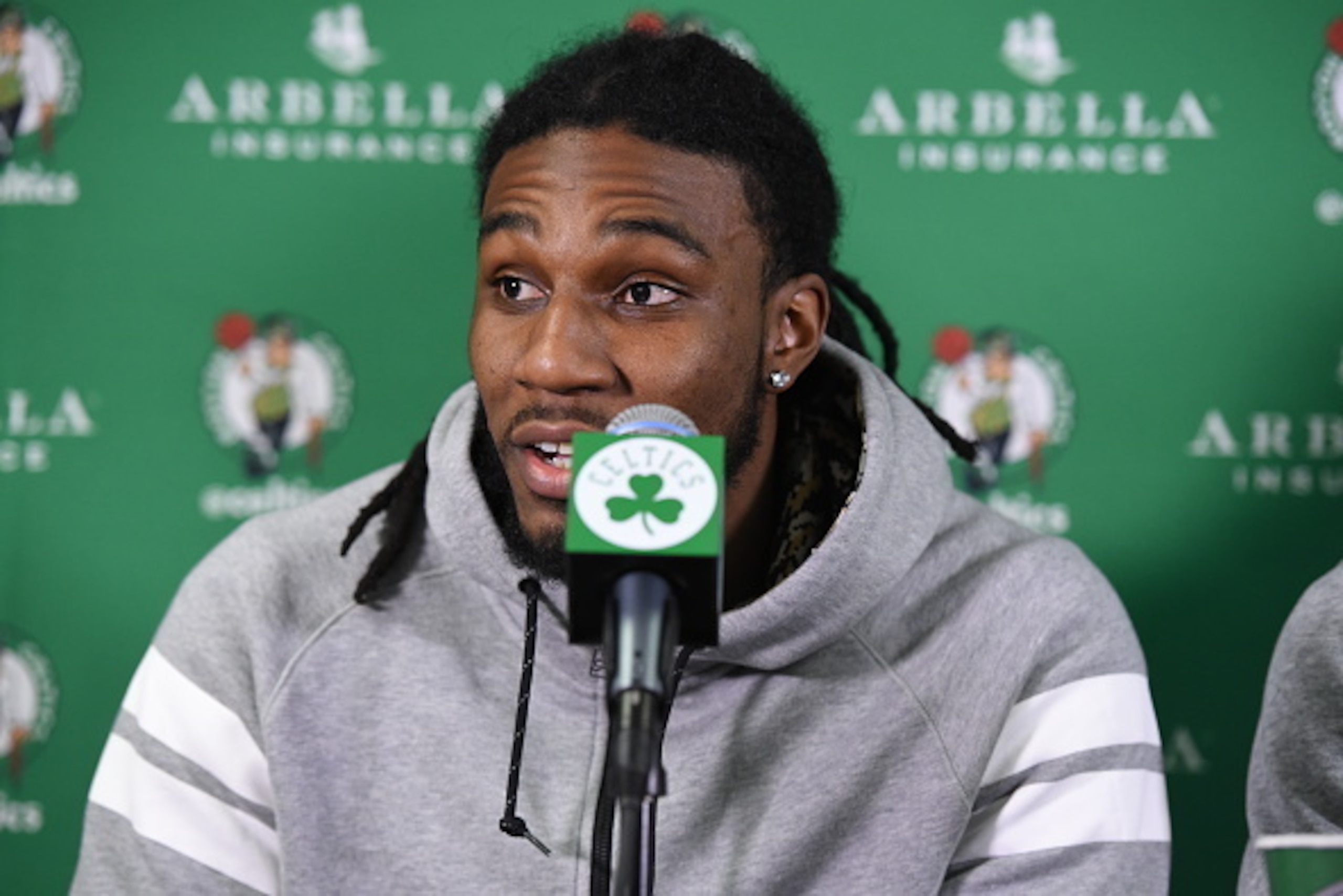BOSTON, MA - DECEMBER 19:  Jae Crowder of the Boston Celtics speaks to the media after a game against the Minnesota Timberwolves on December 19, 2014 at the TD Garden in Boston, Massachusetts. NOTE TO USER: User expressly acknowledges and agrees that, by 