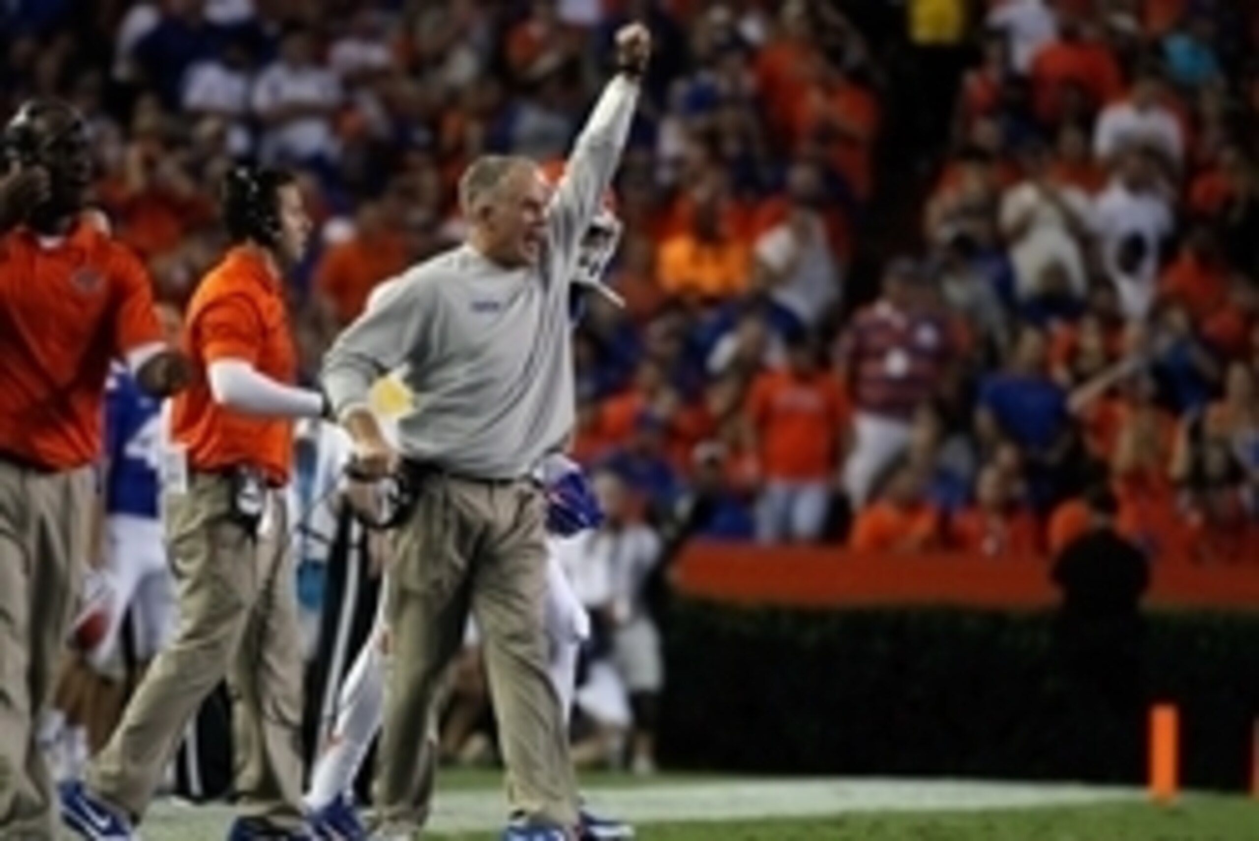Sep 13, 2014; Gainesville, FL, USA; Florida Gators defensive coordinator D.J. Durkin calls a play during the first quarter against the Kentucky Wildcats at Ben Hill Griffin Stadium. Mandatory Credit: Kim Klement-USA TODAY Sports