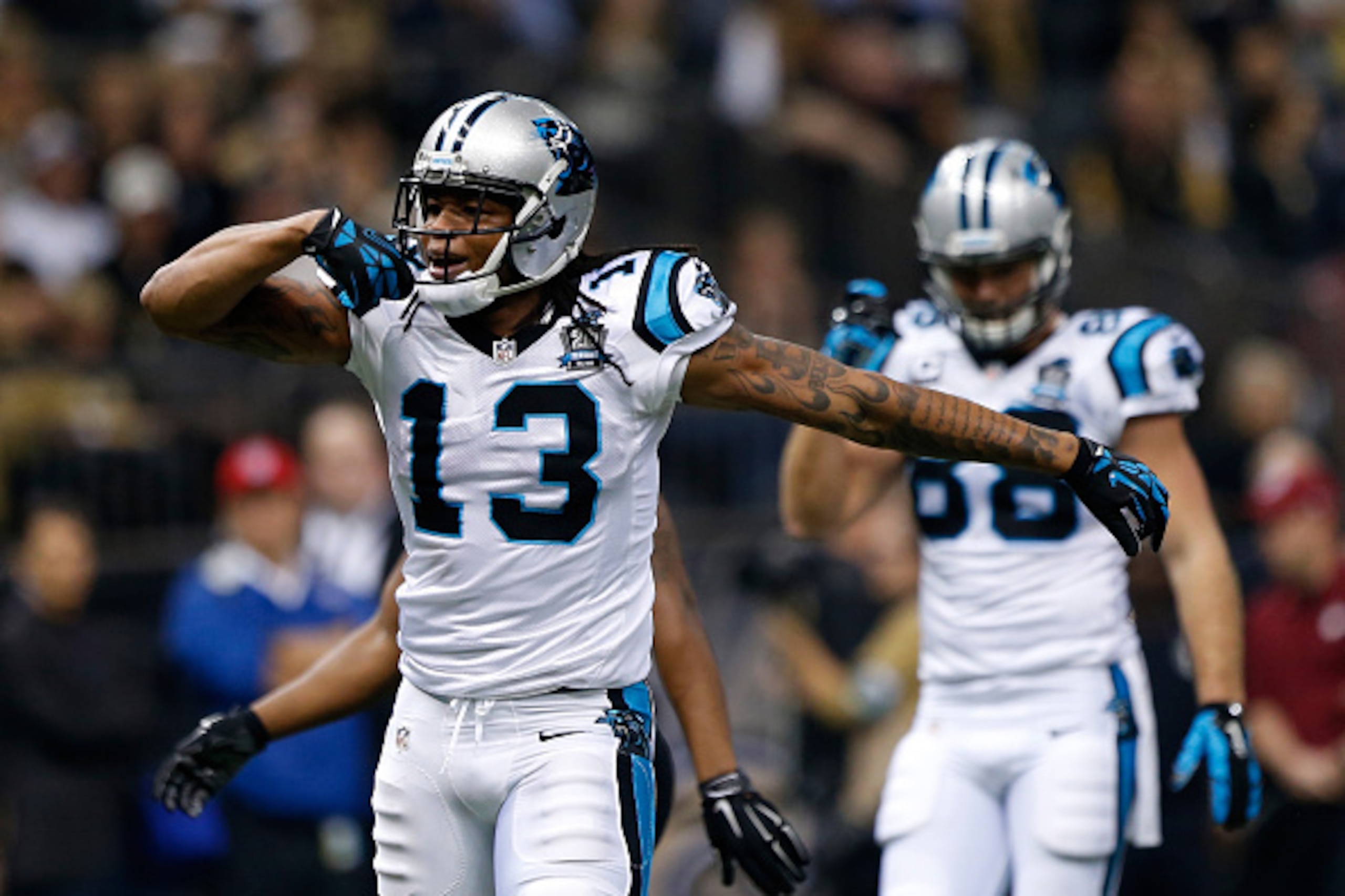 NEW ORLEANS, LA - DECEMBER 07:  Kelvin Benjamin #13 of the Carolina Panthers celebrates his touchdown during the first quarter against the New Orleans Saints tries turnover defend at Mercedes-Benz Superdome on December 7, 2014 in New Orleans, Louisiana.  