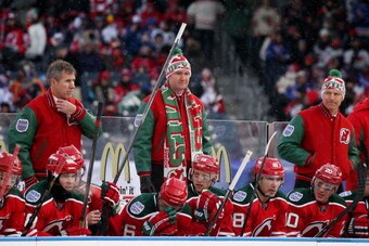NEW YORK, NY - JANUARY 26:  (EDITORIAL USE ONLY) Head coach Peter DeBoer (C) of the New Jersey Devils looks on during the 2014 Coors Light NHL Stadium Series at Yankee Stadium on January 26, 2014 in the Bronx borough of New York City.  (Photo by Bruce Ben