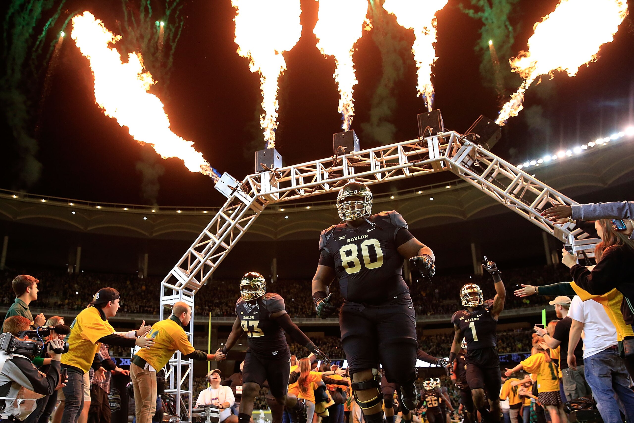 WACO, TX - DECEMBER 06:  The Baylor Bears take the field before the start of their game against the  Kansas State Wildcats on December 6, 2014  at McLane Stadium in Waco, Texas.  (Photo by Jamie Squire/Getty Images)