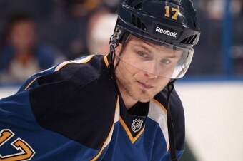 ST. LOUIS, MO - MARCH 27: Vladimir Sobotka #17 of the St. Louis Blues warms up prior to an NHL game against the Minnesota Wild on March 27, 2014 at Scottrade Center in St. Louis, Missouri. (Photo by Mark Buckner/NHLI via Getty Images)