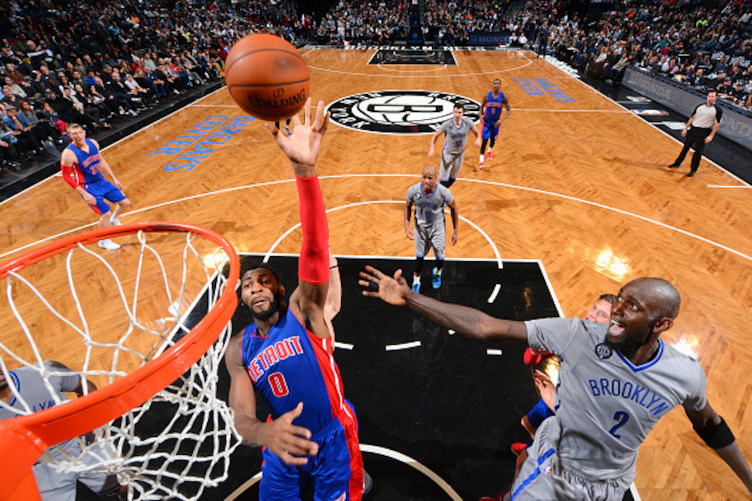 BROOKLYN,NY - DECEMBER 21: Andre Drummond #0 of the Detroit Pistons goes up for the shot against the Brooklyn Nets on December 21, 2014 at the Barclays Center in Brooklyn, NY. NOTE TO USER: User expressly acknowledges and agrees that, by downloading and o